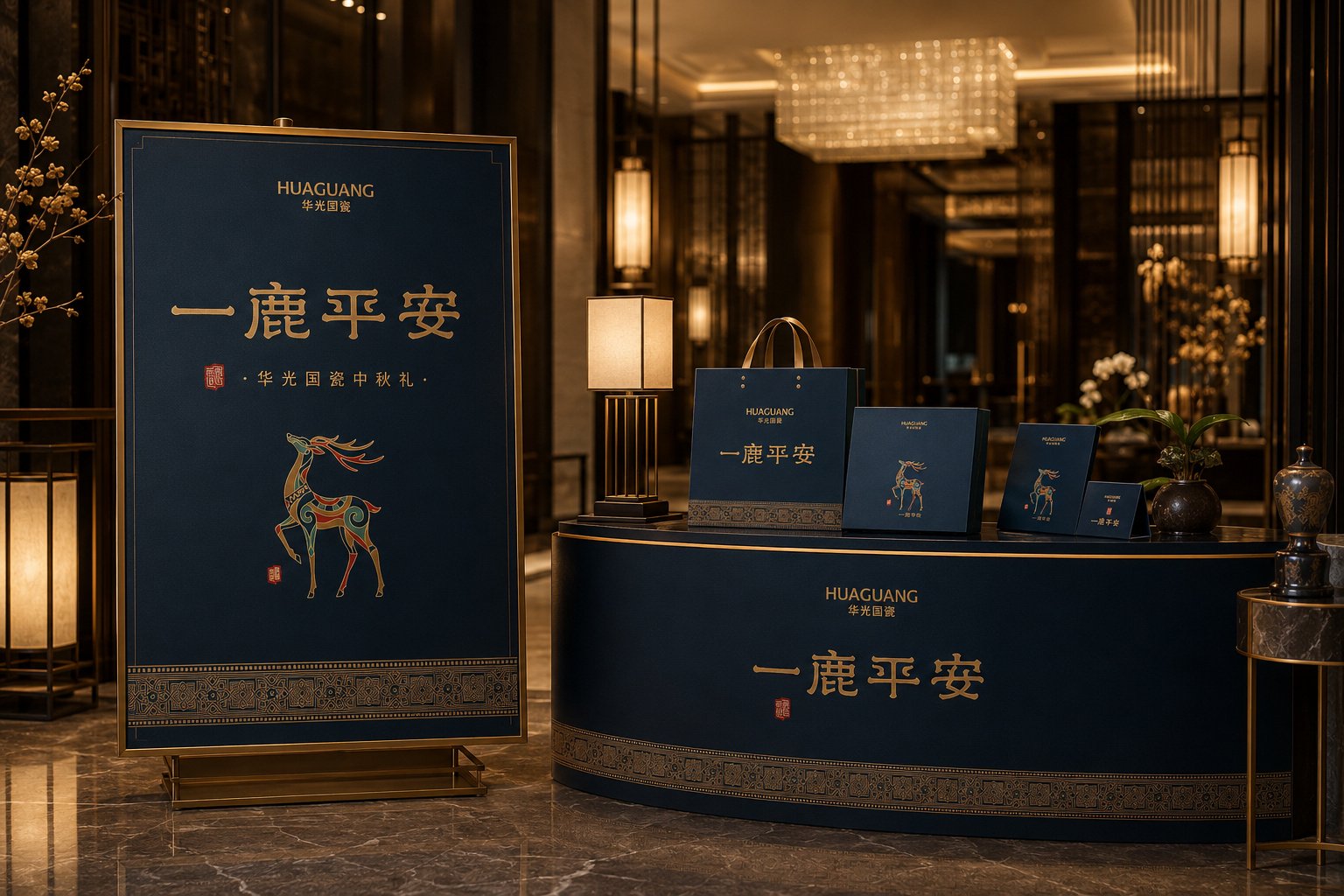 华光国瓷一鹿平安品牌展示专柜设计，呈现统一的品牌门头、展架、产品陈列与灯光氛围