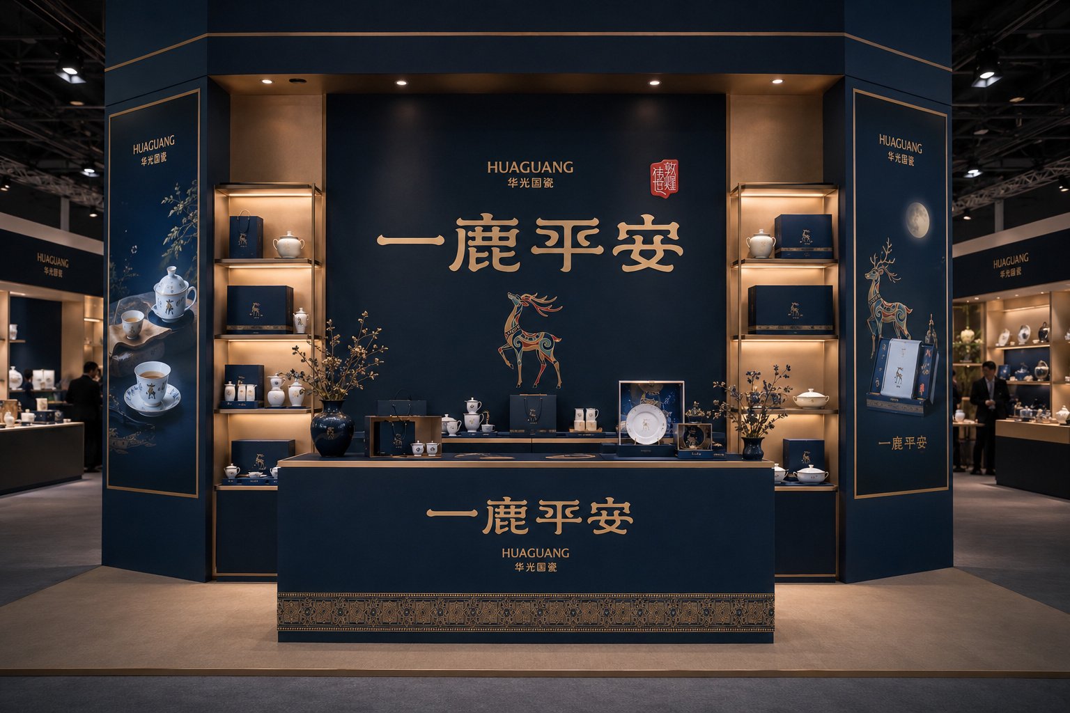 华光国瓷一鹿平安陶瓷茶具礼盒设计，展示品牌礼盒结构、茶具组合与手提袋应用