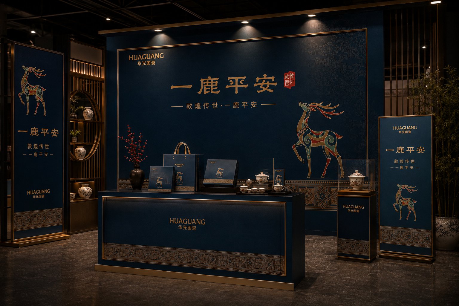 华光国瓷一鹿平安VI设计主题展陈空间全景，展示品牌主视觉、礼盒包装与陶瓷产品陈列