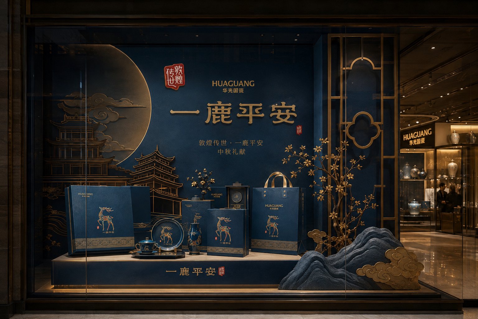 华光国瓷一鹿平安品牌橱窗视觉设计，展示系列标识与陶瓷礼赠产品的空间应用