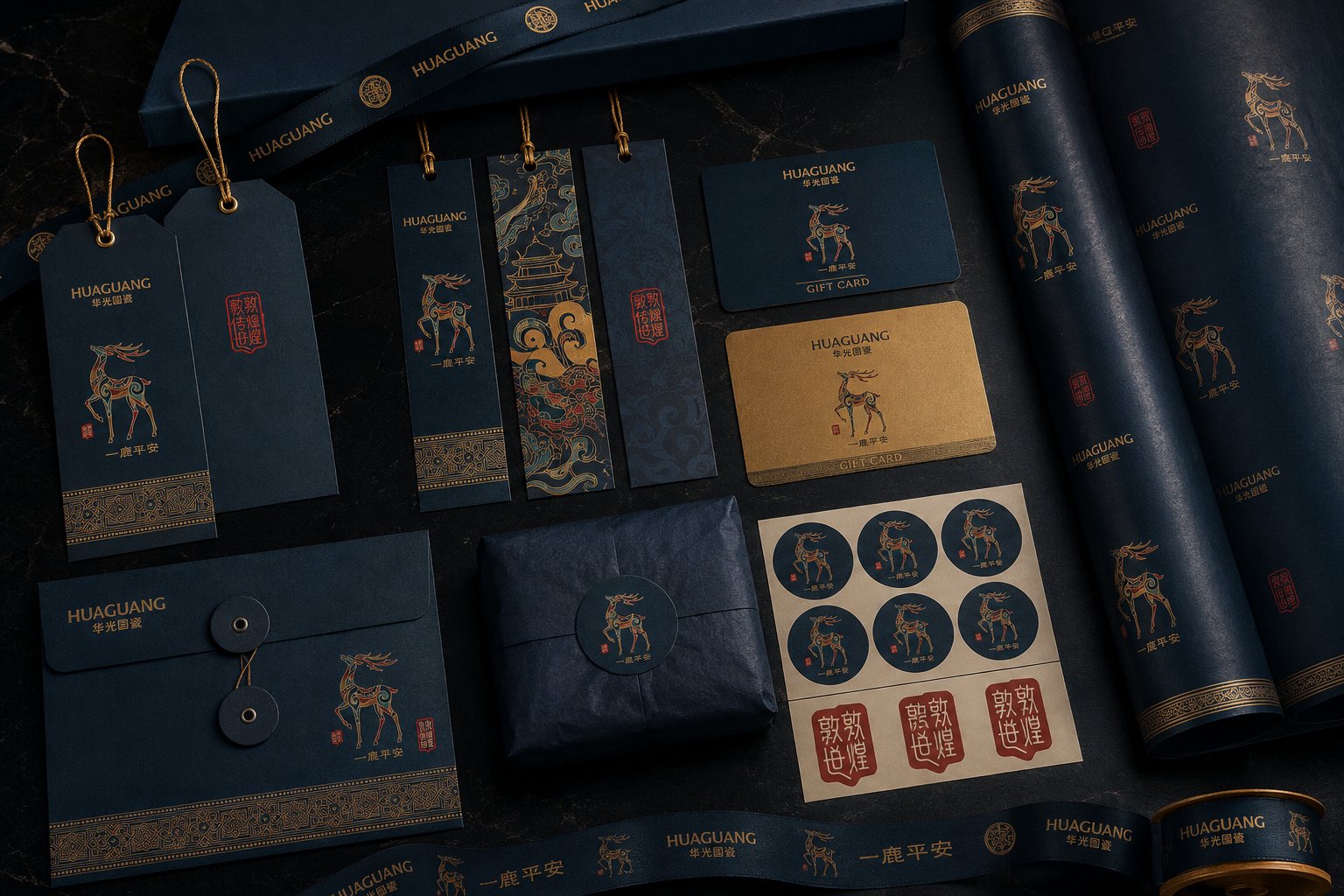 华光国瓷一鹿平安品牌物料设计，包含吊牌、礼品卡、包装纸、封套与装饰纹样