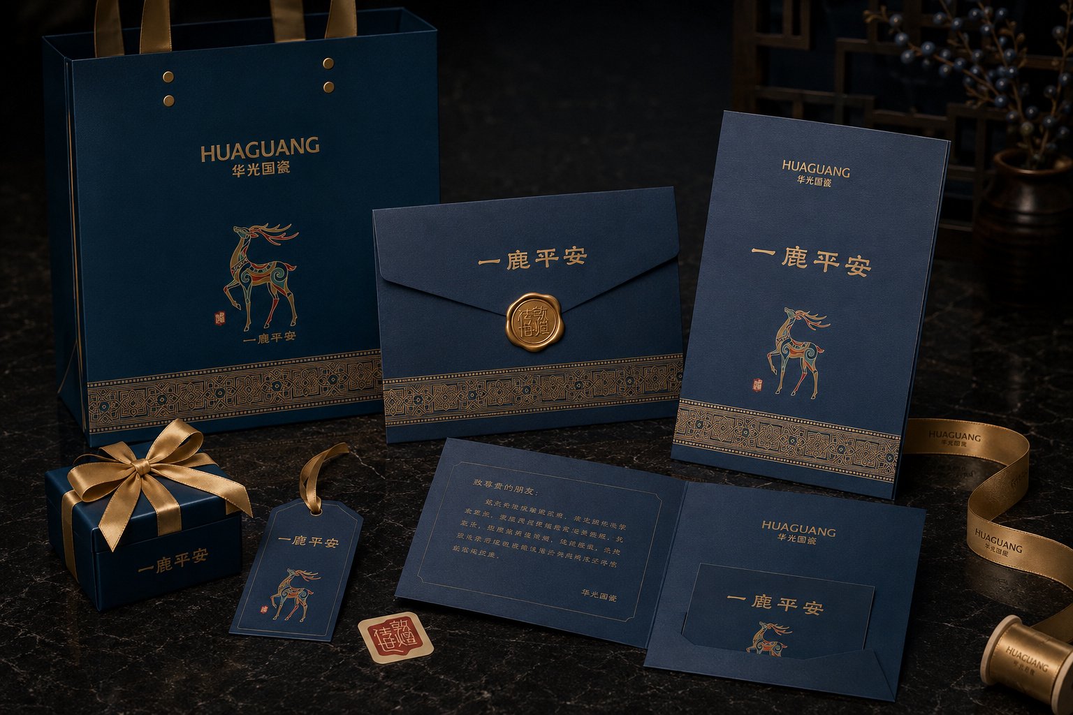 华光国瓷一鹿平安礼赠包装平面组合，展示礼盒、包装纸、封套、丝带与品牌标识