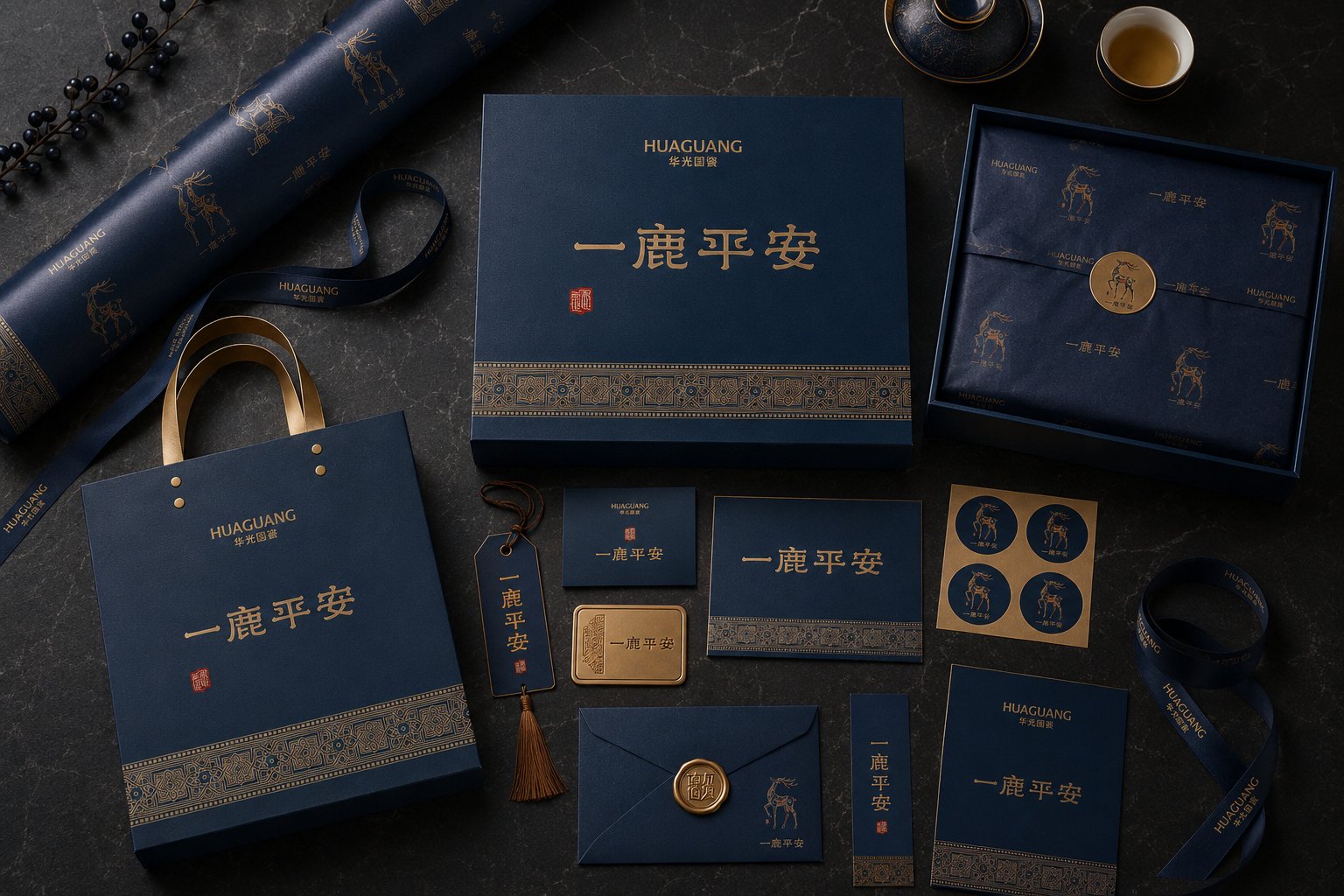 华光国瓷一鹿平安陶瓷礼赠组合设计，展示品牌手提袋、礼盒、茶具与产品视觉应用