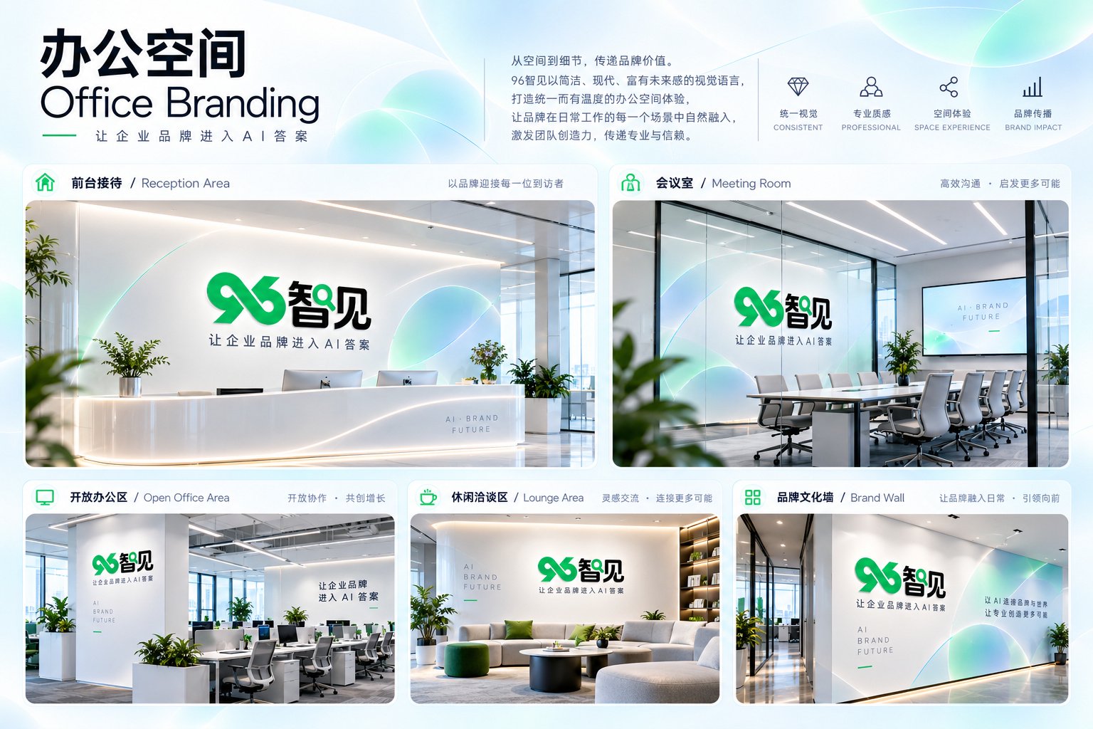 96智见办公环境品牌设计，展示前台接待、会议室、开放办公区和企业文化墙