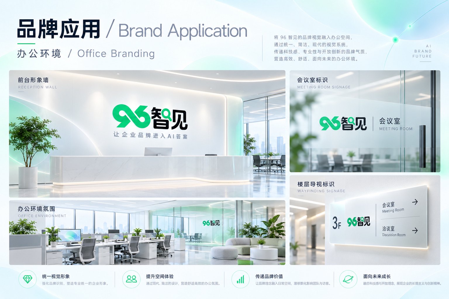 96智见品牌应用延展设计，展示前台形象墙、会议室标识、办公环境及楼层导视
