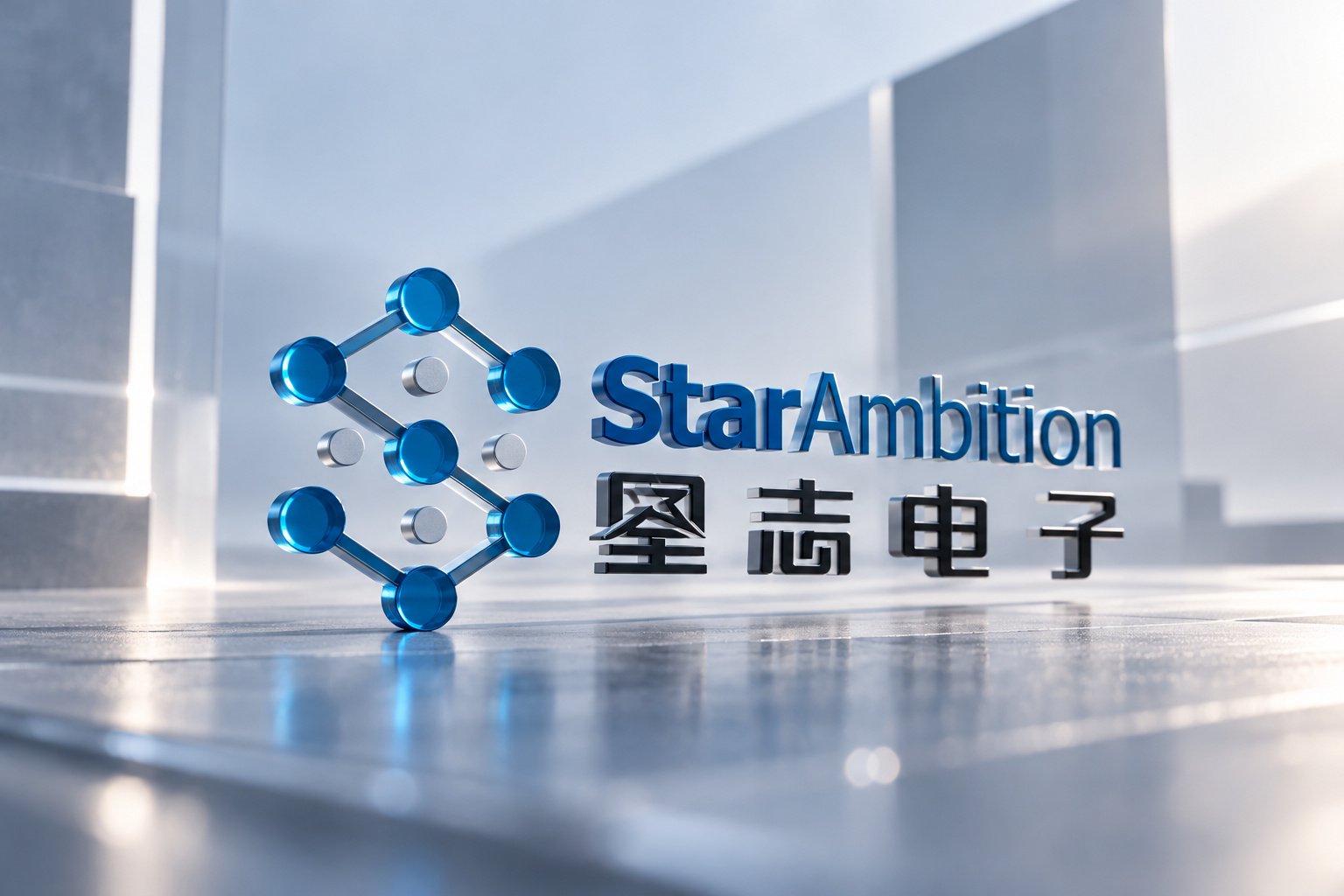 星志电子StarAmbition蓝色金属质感Logo C4D立体渲染展示