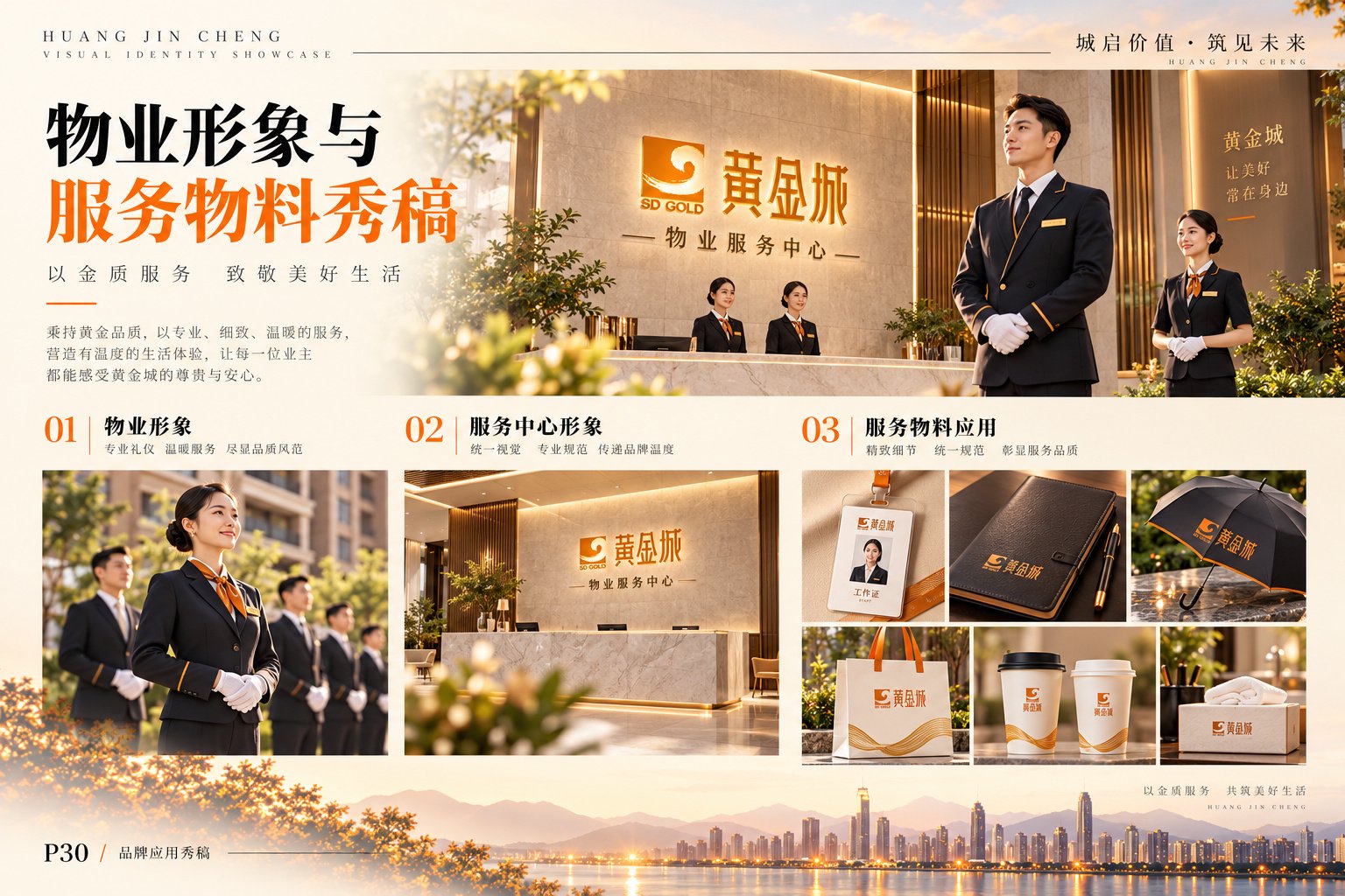 黄金城物业形象与服务物料设计,展示物业人员制服、服务中心形象、工作证及办公服务用品