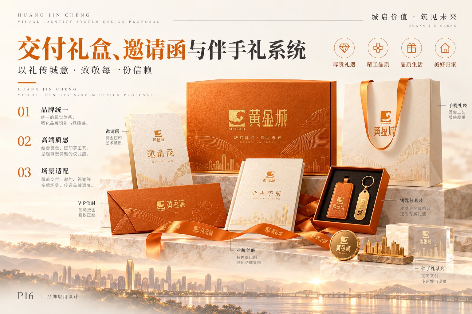 黄金城品牌礼盒、邀请函与伴手礼VI应用设计,展示包装、礼品袋、邀请函及品牌礼赠物料