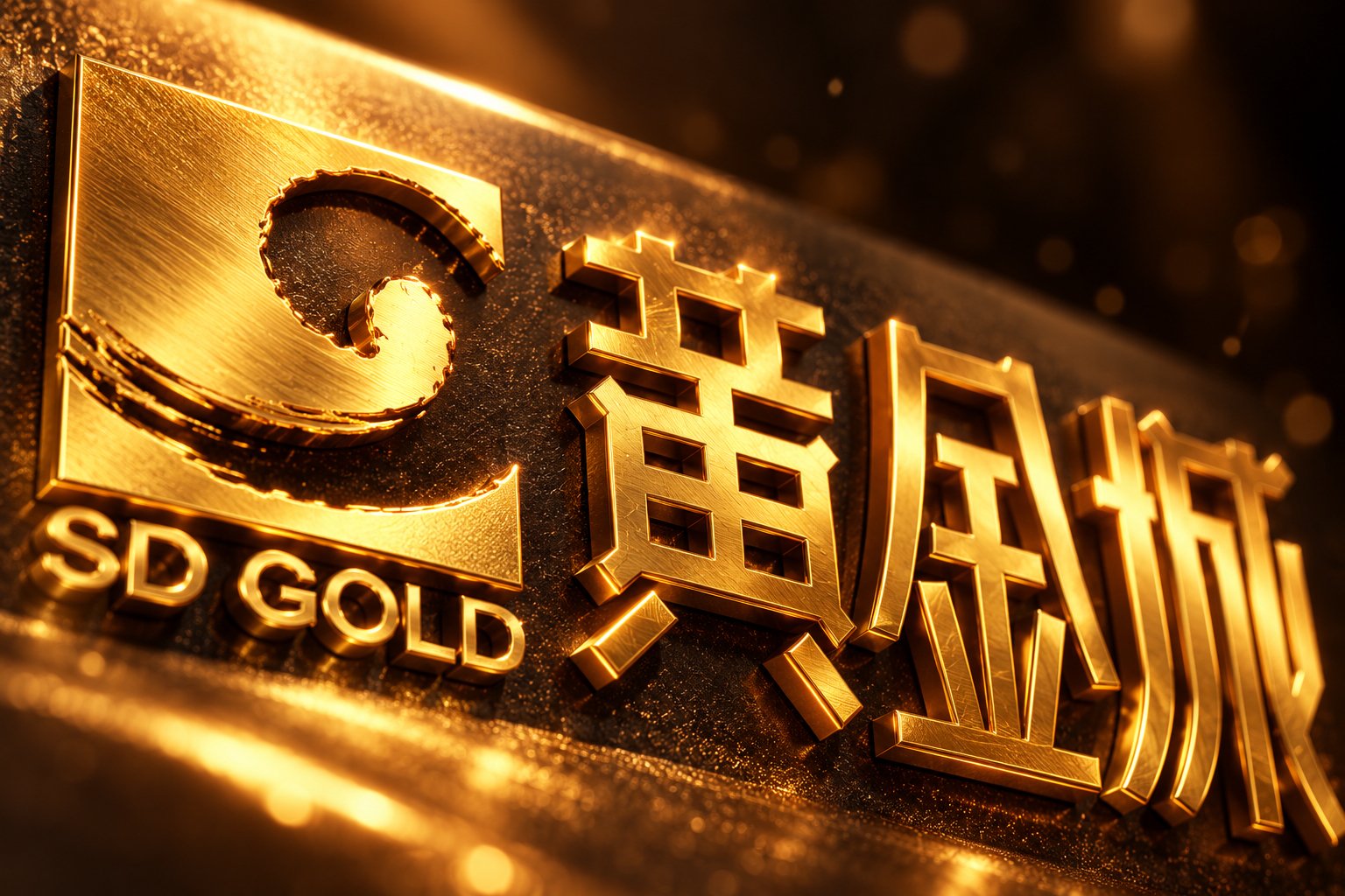 黄金城品牌Logo金属立体渲染,展示SD GOLD图形标志与黄金城中文标准字在深色石材背景上的金色质