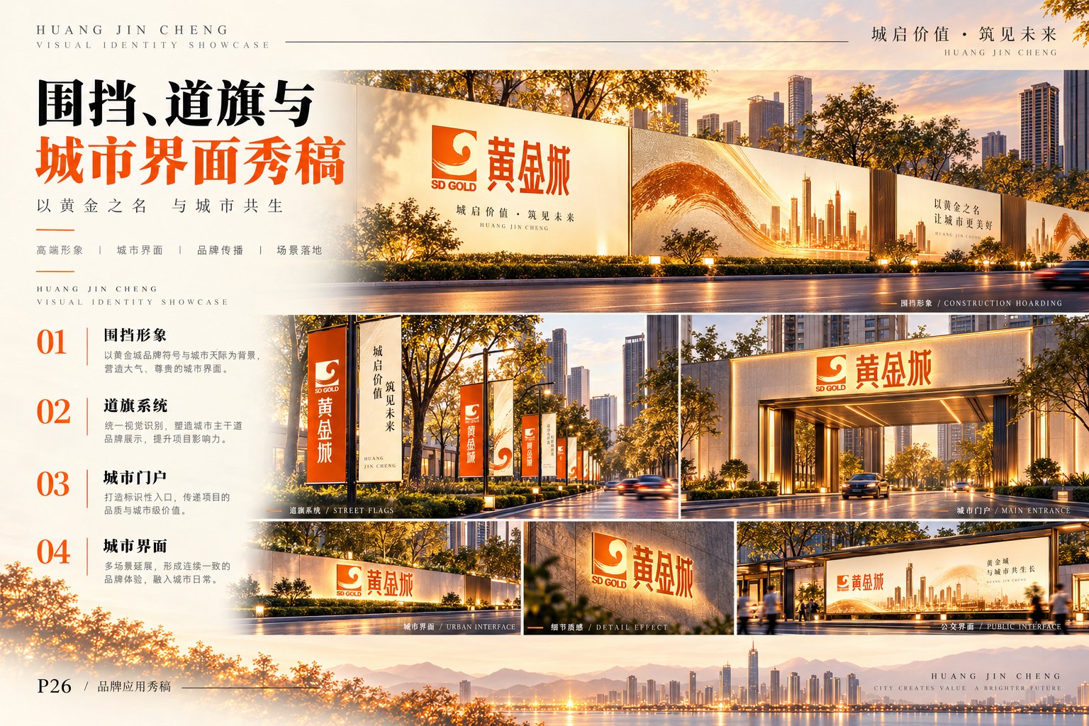 黄金城品牌围挡、道旗与城市界面设计,展示施工围挡、道路旗帜、户外广告及项目入口形象