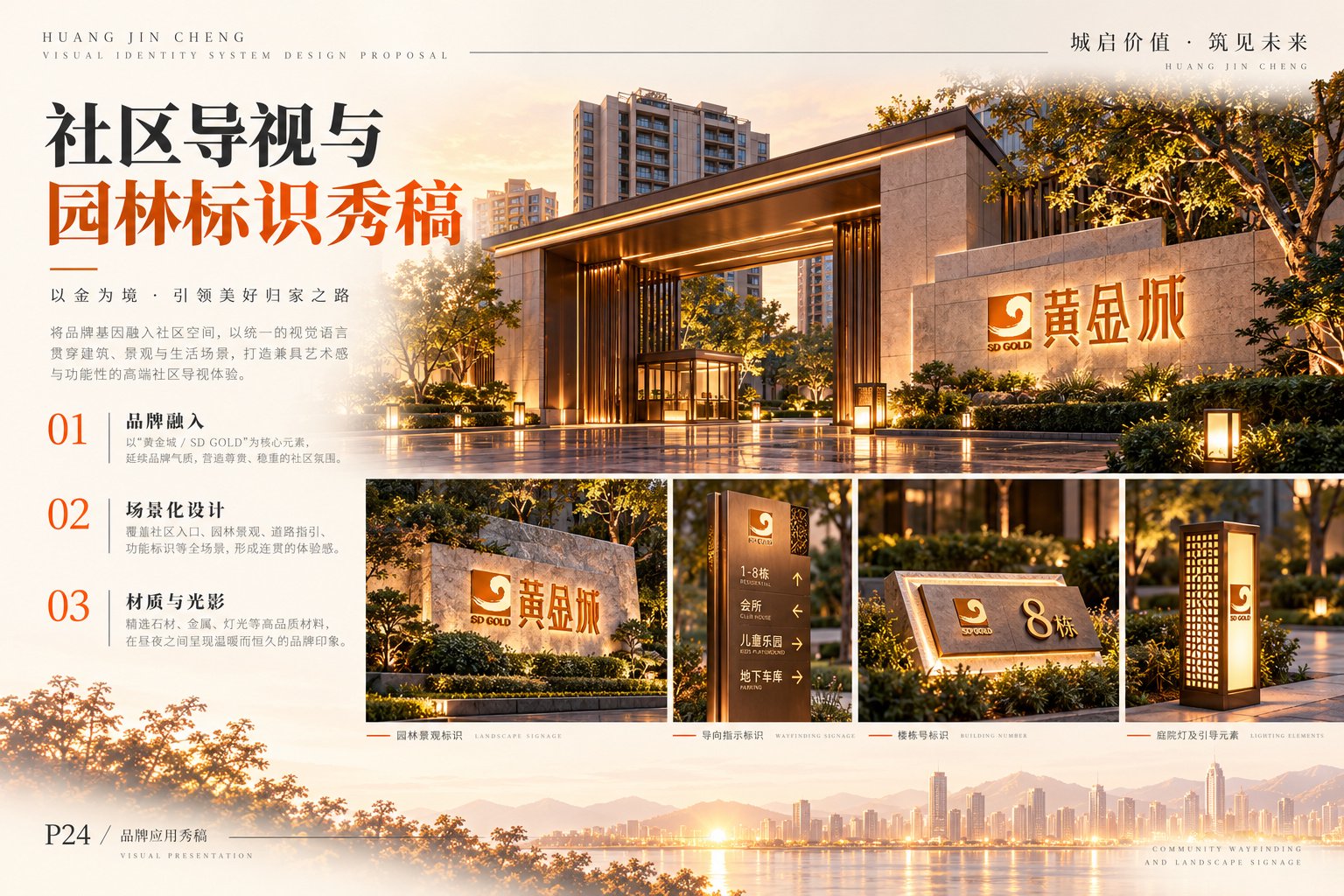 黄金城社区入口与园林标识设计,展示社区入口、景观标识、导向牌及夜景环境中的品牌应用