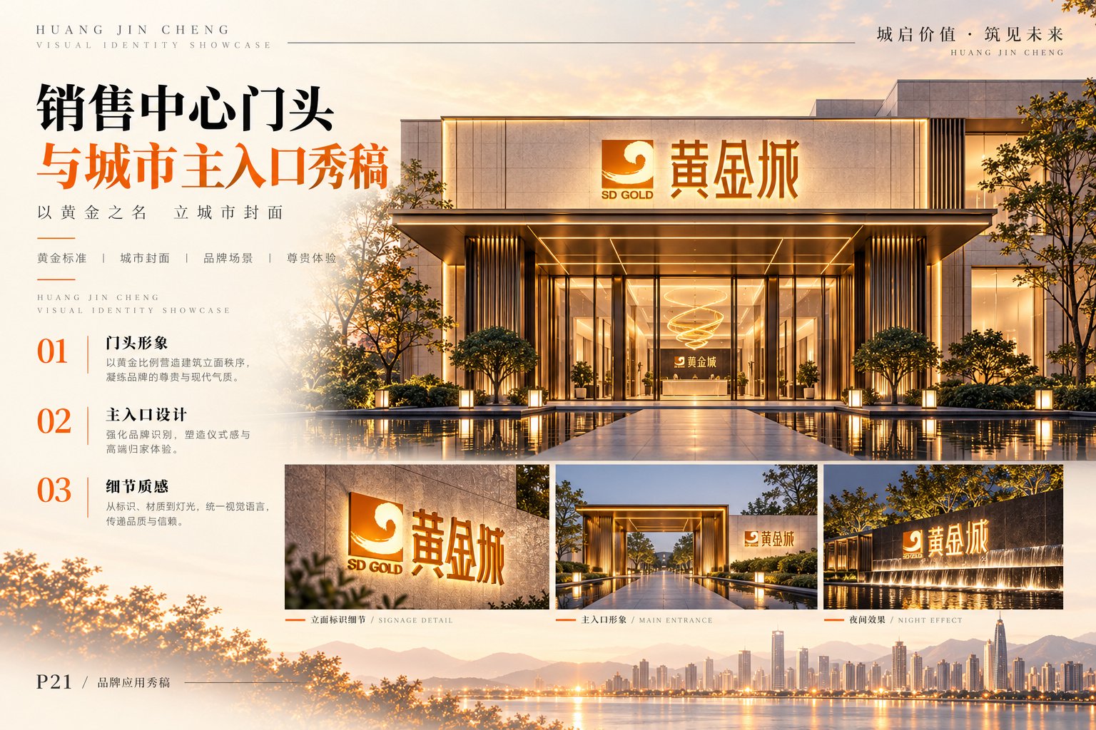 黄金城销售中心门头与主入口形象设计，展示品牌标志在建筑立面与空间环境中的应用