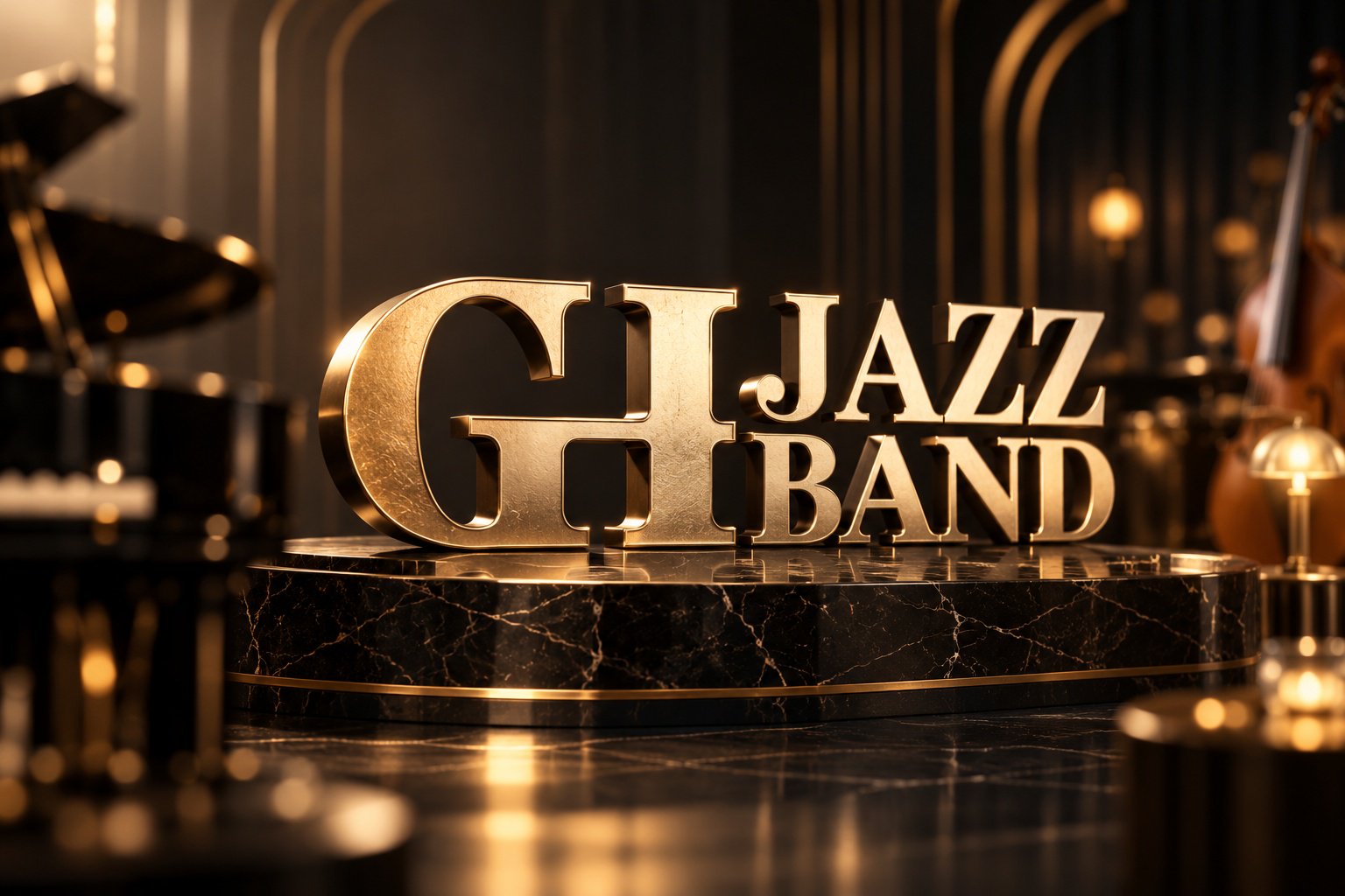 青岛GH爵士乐团Logo设计，金色立体GH JAZZ BAND标志与黑色大理石接待台应用效果