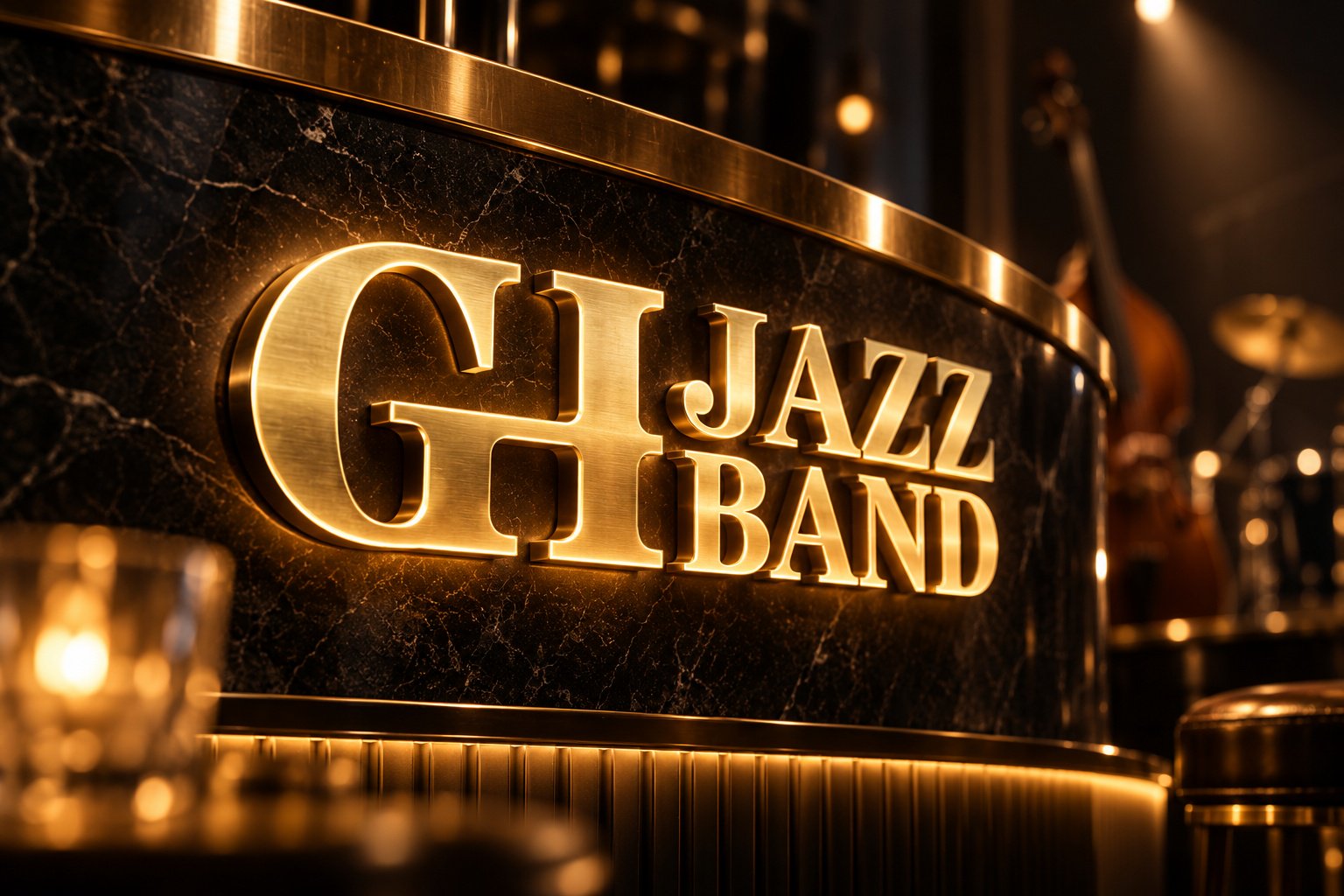 GH爵士乐团立体Logo设计细节，展示金色GH JAZZ BAND字标、黑色石材背景与暖色灯光效果