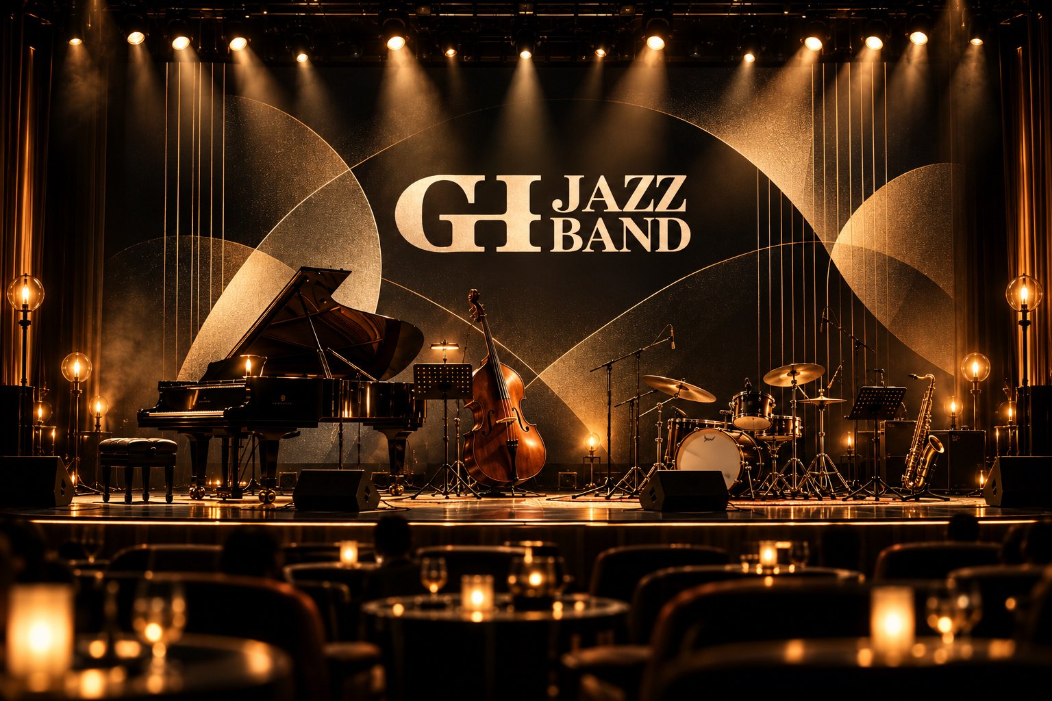 GH爵士乐团演出舞台品牌视觉应用，展示GH JAZZ BAND主标志、圆弧辅助图形与暖金色舞台灯光
