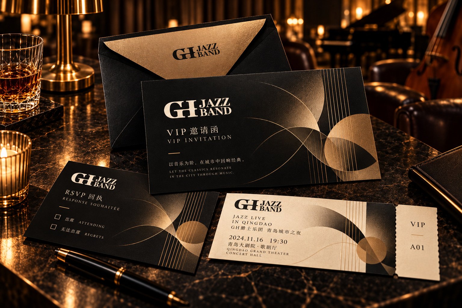 GH爵士乐团活动邀请函设计，展示VIP邀请卡、RSVP回执、信封与演出信息排版