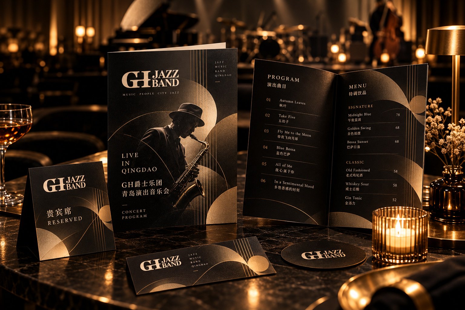 GH爵士乐团印刷物料设计，展示演出节目册、曲目单、菜单与黑金色版式系统