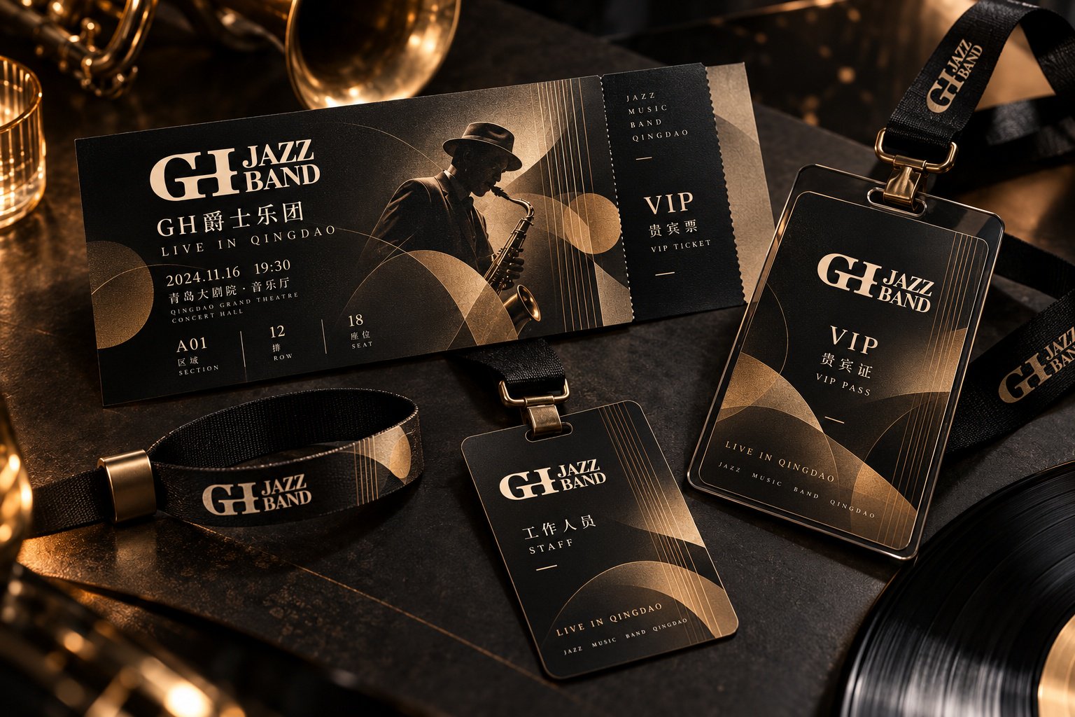 GH爵士乐团门票、VIP证件与活动挂绳设计，展示活动物料中的品牌识别应用