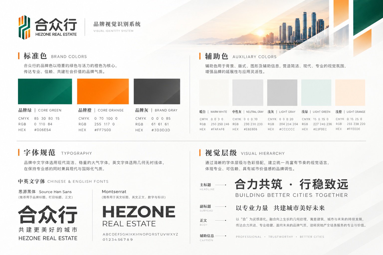 合众行品牌VI标准色与字体规范,展示深绿色、橙色、深灰色及辅助色系统,以及中英文字体和视觉层级。