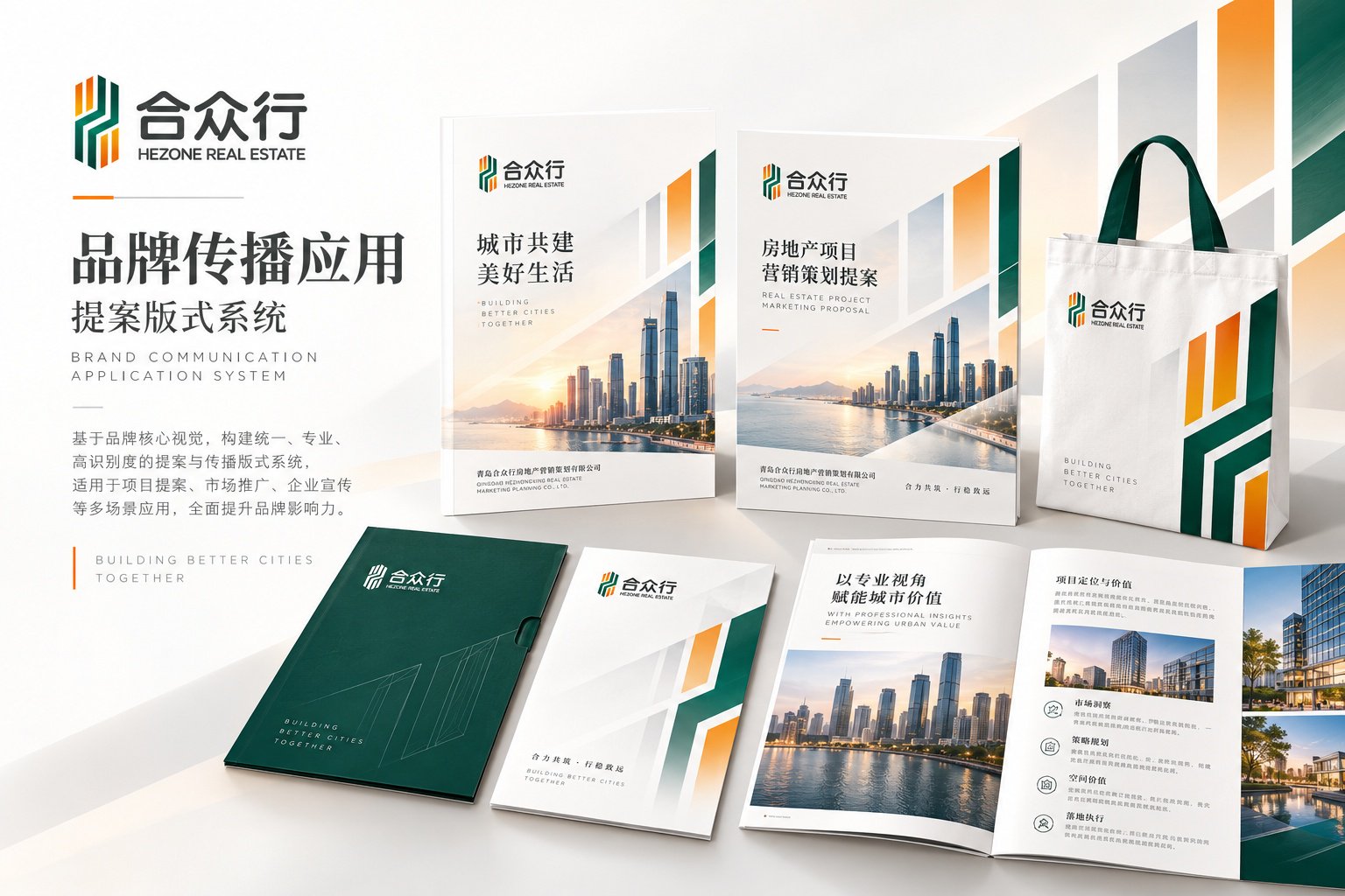 合众行品牌传播应用设计,展示房地产项目提案、营销策划报告、宣传册、文件夹及品牌传播版式。
