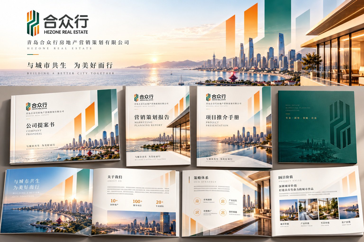 合众行品牌提案文件与营销资料设计,展示公司提案书、营销策划报告、项目推介手册及品牌文件版式。