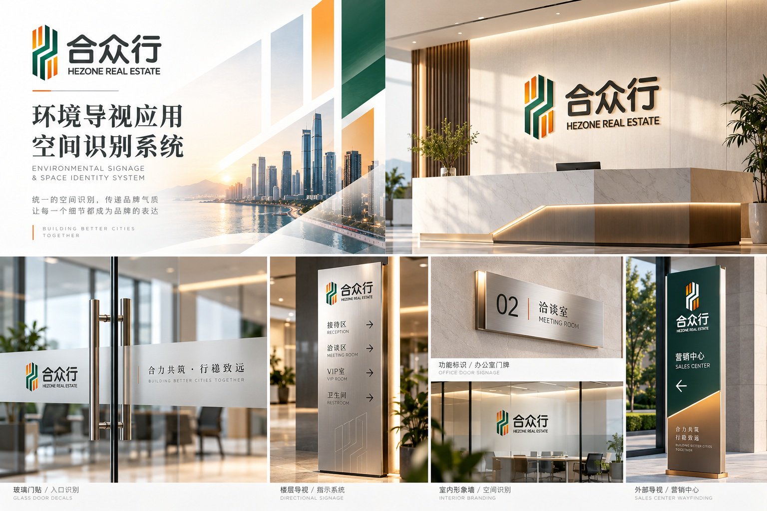 合众行VI环境导视应用,展示办公入口识别、玻璃门贴、楼层导视、办公室门牌及营销中心指引系统。