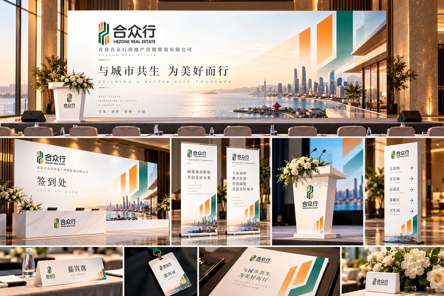 合众行会议与活动品牌视觉应用,展示活动主背景、签到台、宣传展架、演讲台及会议导视物料。