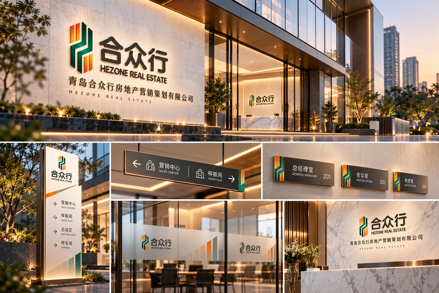 合众行办公空间品牌形象应用,展示企业门头、接待背景墙、前台标志、玻璃隔断及室内导视设计。