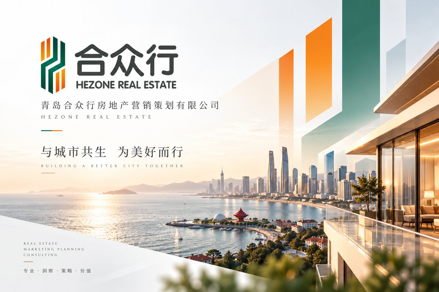 青岛合众行房地产营销策划有限公司品牌VI设计主视觉,展示品牌Logo、企业名称、城市海岸线与建筑空间