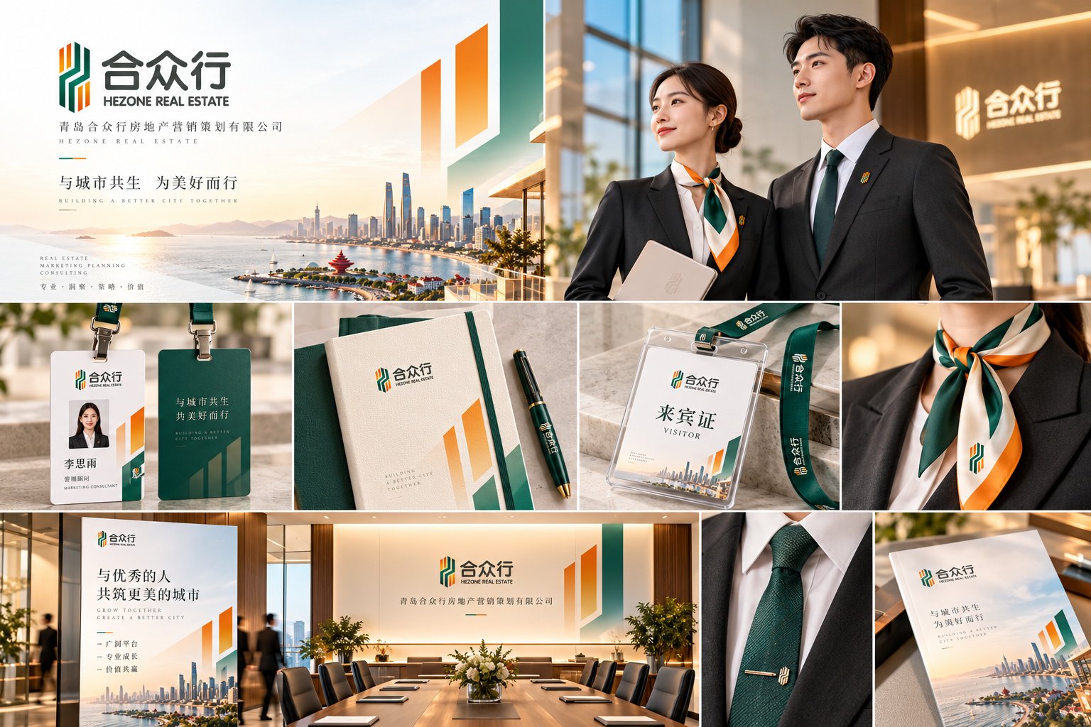 合众行员工形象及企业文化VI应用,展示员工胸牌、品牌丝巾、领带、工作用品和会议空间形象。