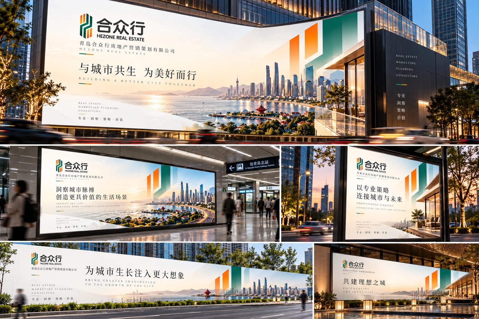 合众行品牌户外广告应用,展示城市大型广告牌、商业空间广告、交通场景灯箱及房地产项目宣传画面。