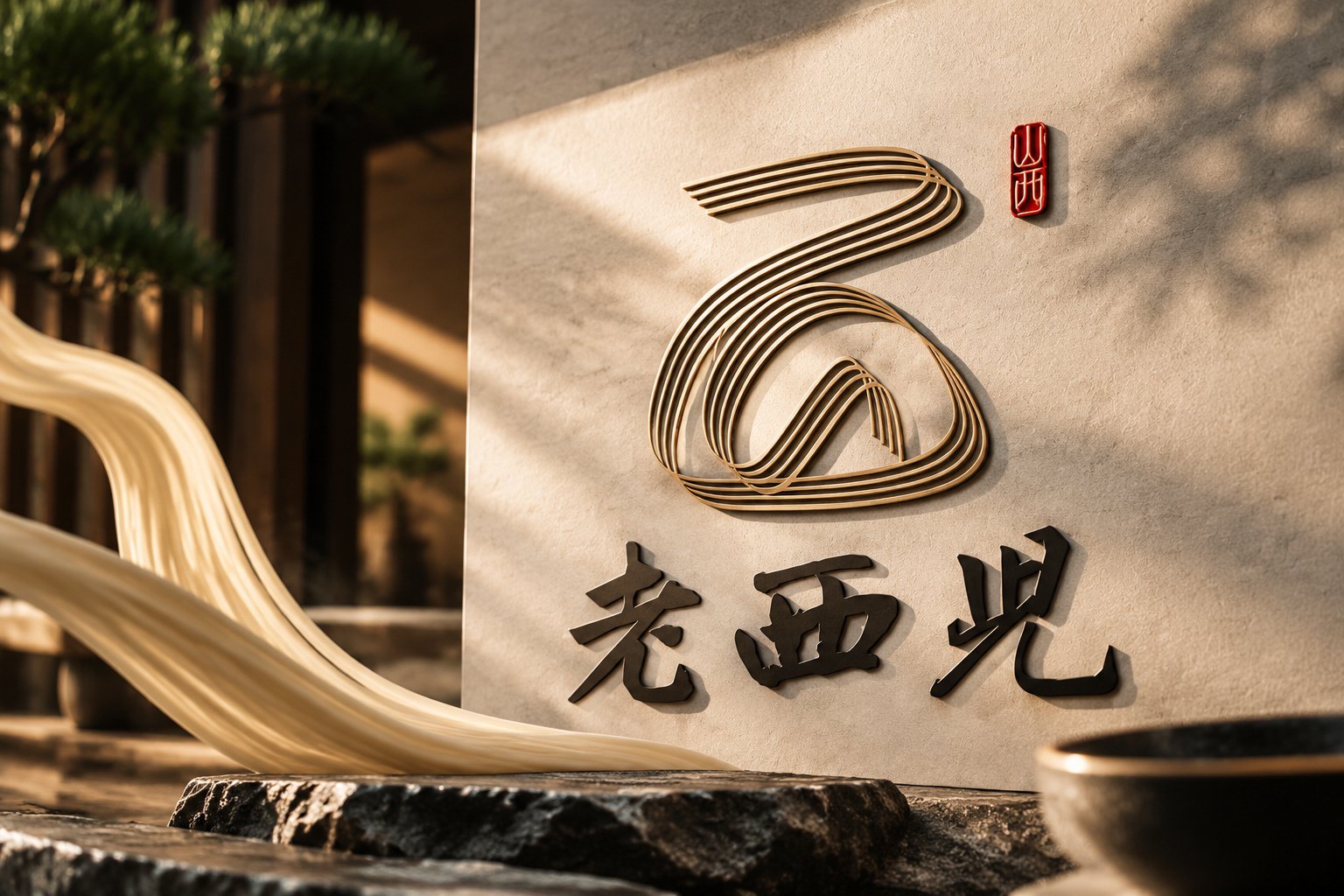老西儿面馆立体品牌标志与门店墙面应用效果