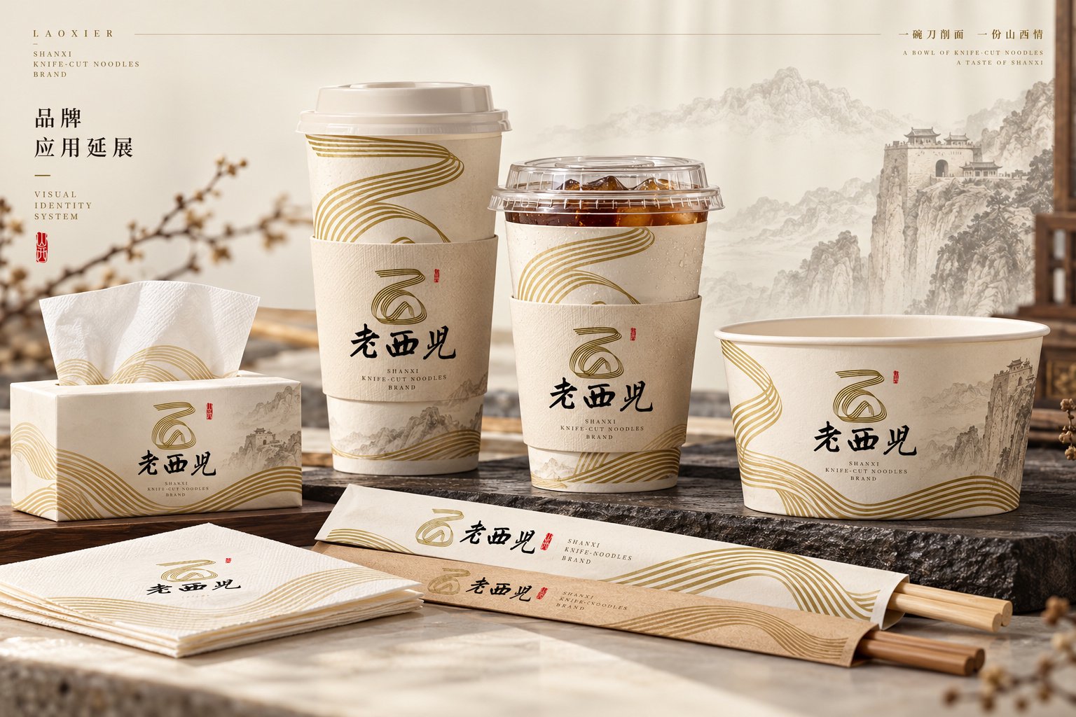 老西儿面馆纸杯餐碗纸巾与外带包装VI设计