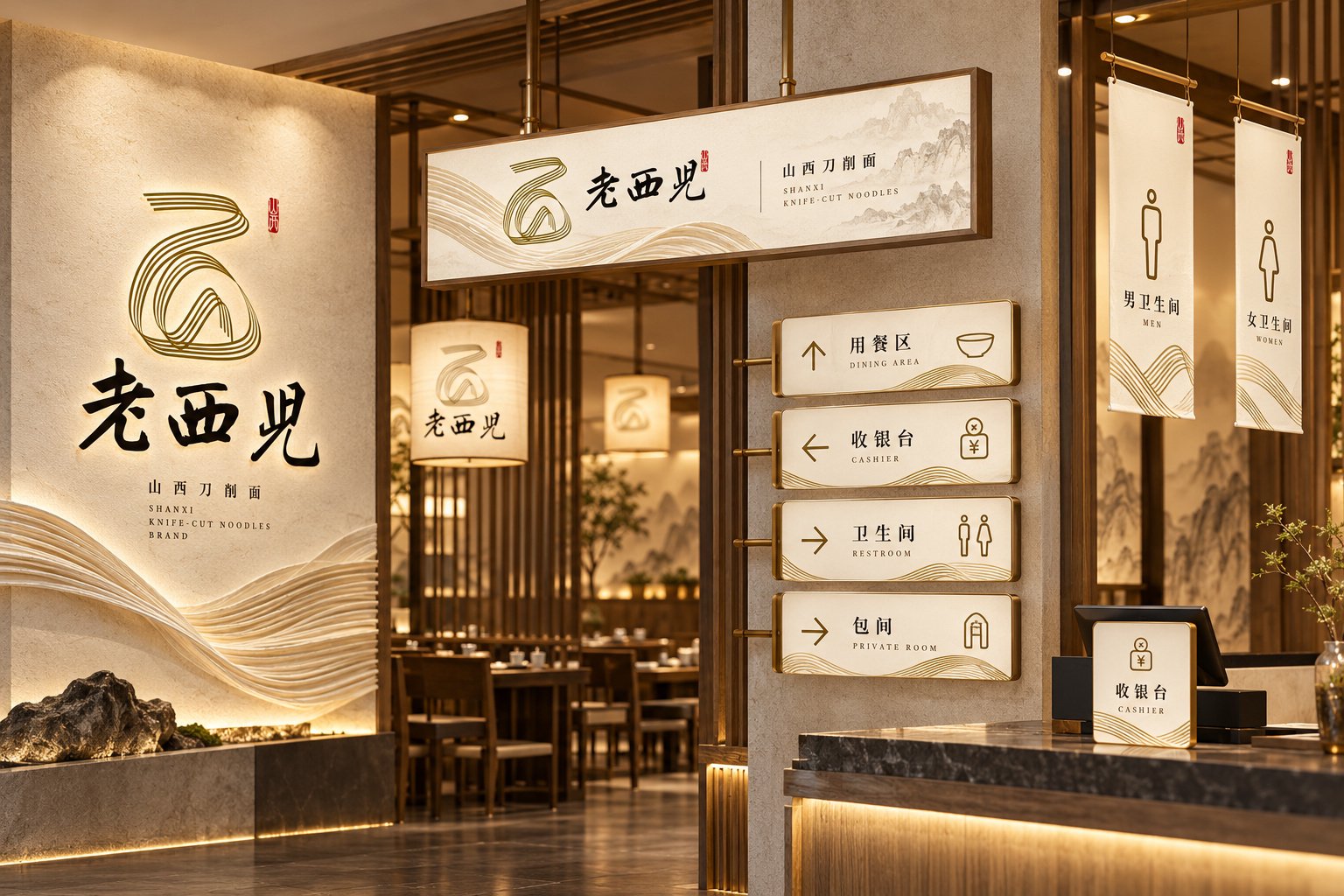 老西儿面馆室内导视设计与收银台品牌标识应用