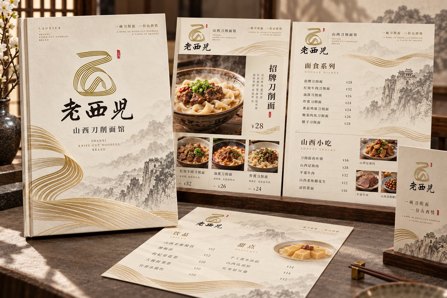 老西儿面馆菜单设计与餐饮品牌宣传物料应用