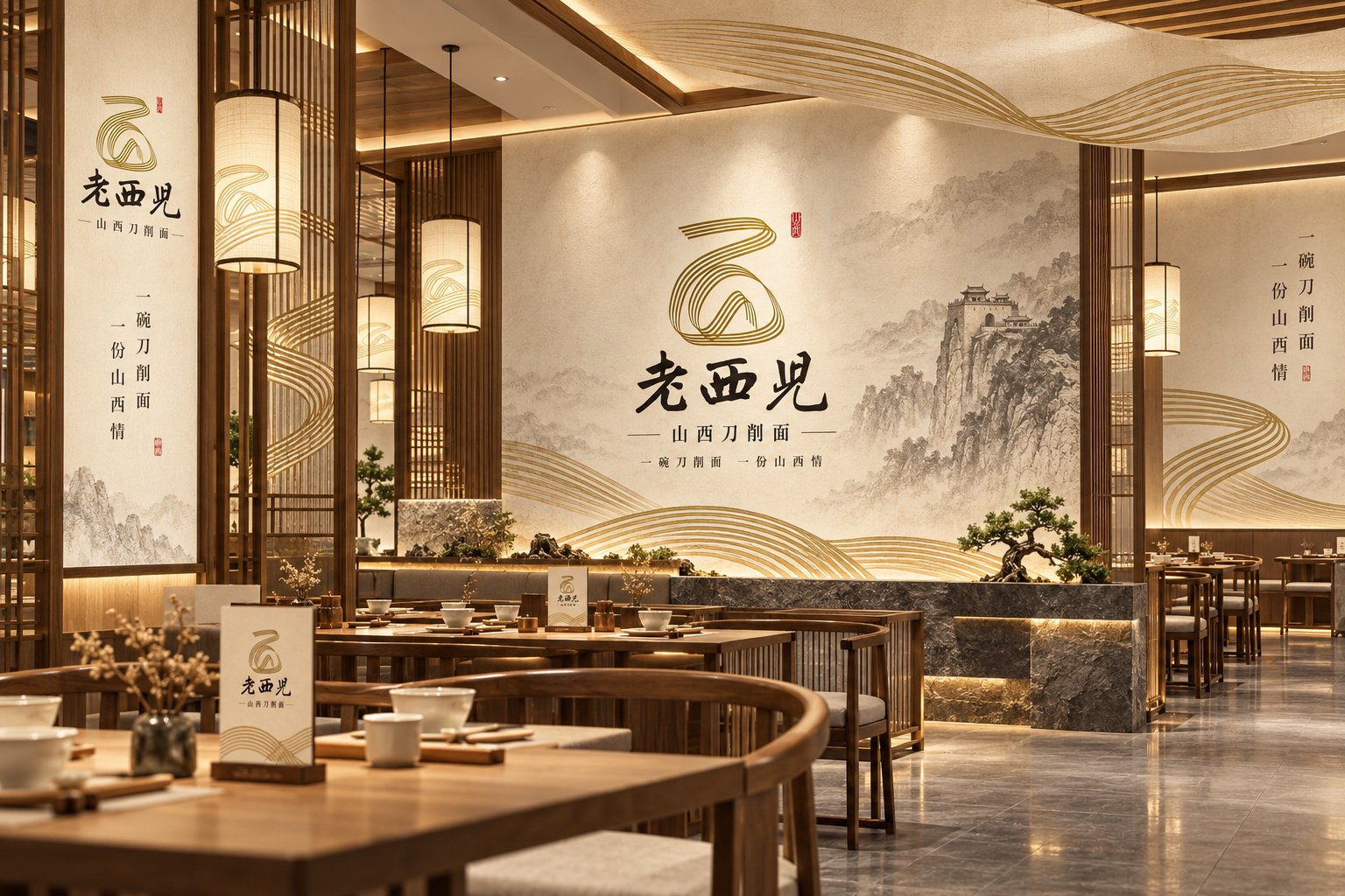 老西儿面馆餐厅空间设计与品牌墙面视觉展示