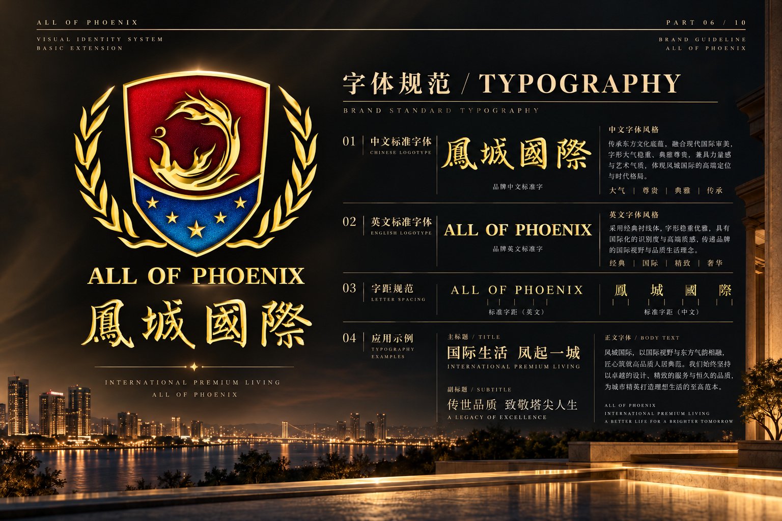 凤城国际VI设计字体规范,展示中文品牌标准字、英文标准字、字距规范及品牌文字应用示例
