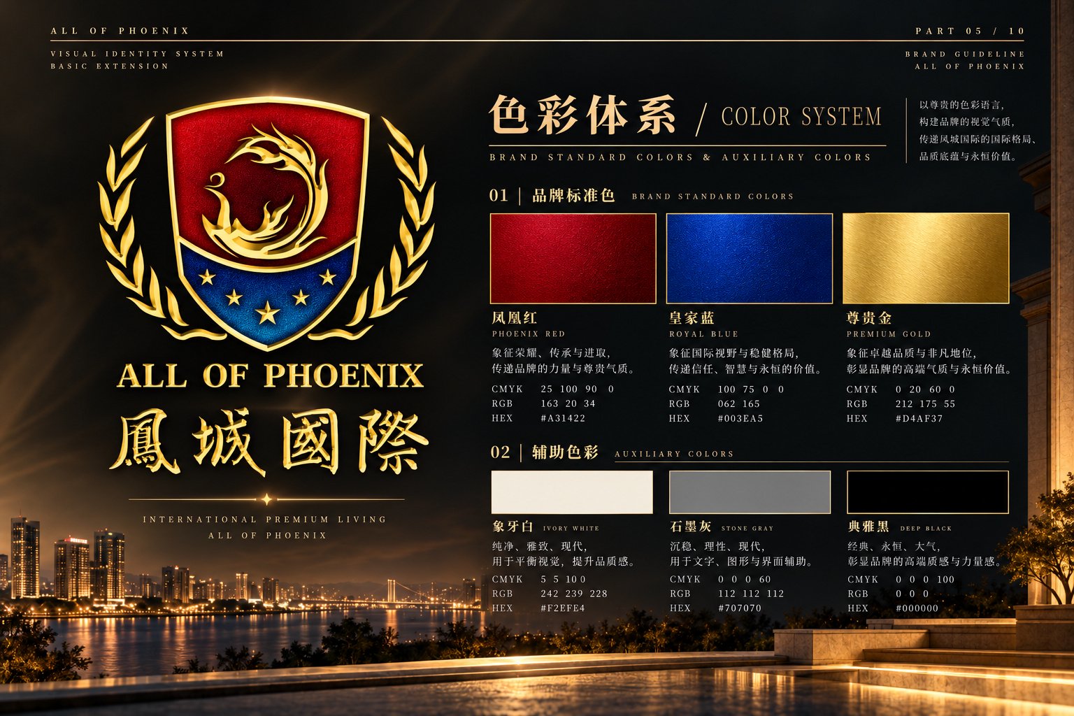 凤城国际VI设计标准色彩系统,展示凤凰红、皇家蓝、尊贵金及辅助色的品牌配色规范