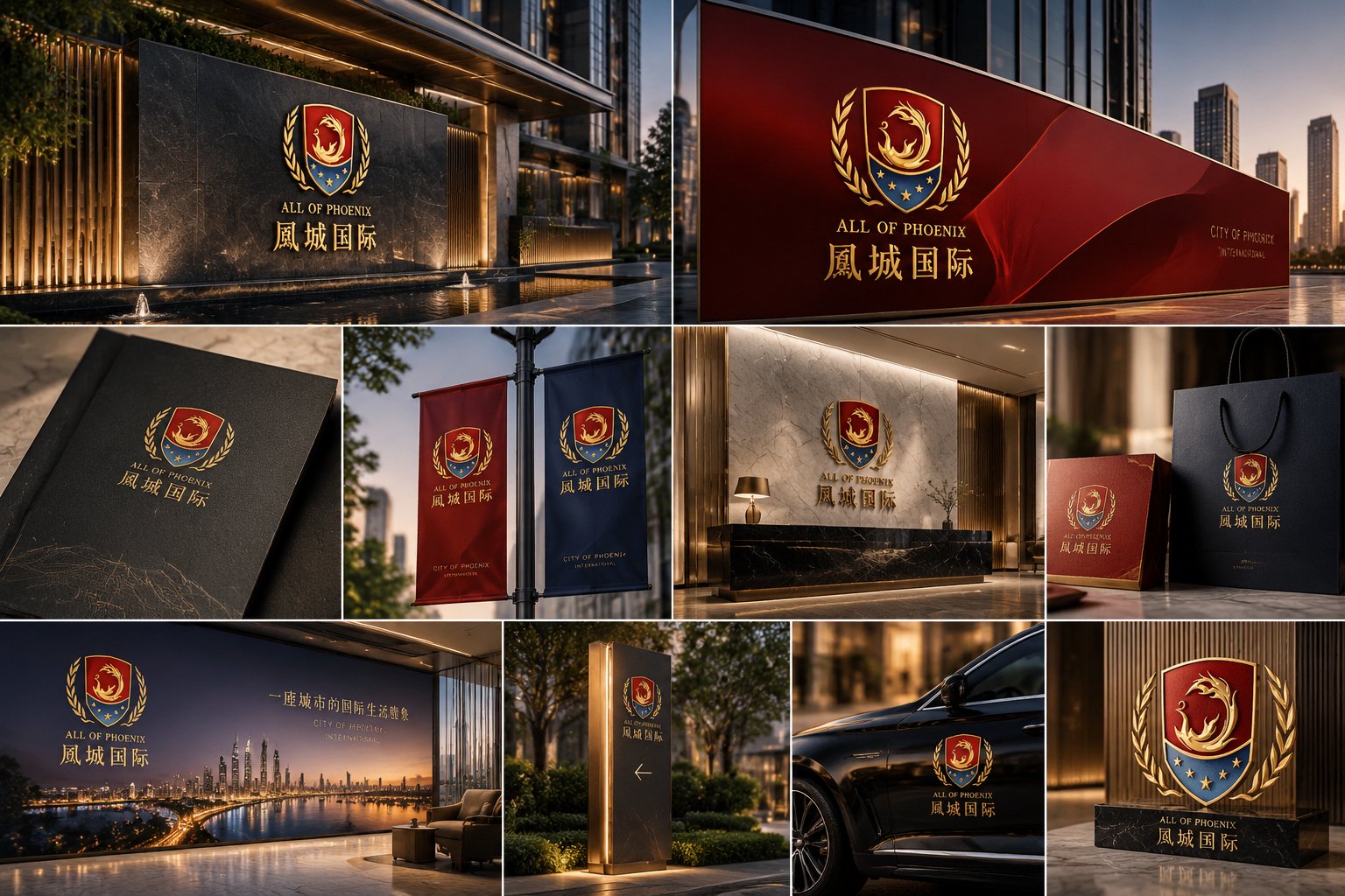 凤城国际房地产VI应用设计总览,展示入口形象墙、户外广告、导视、印刷品与品牌礼品
