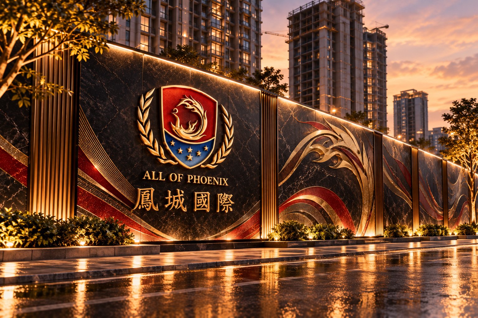 凤城国际房地产项目景观形象墙设计,结合凤凰辅助图形、红金色装饰与深色石材展现品牌识别
