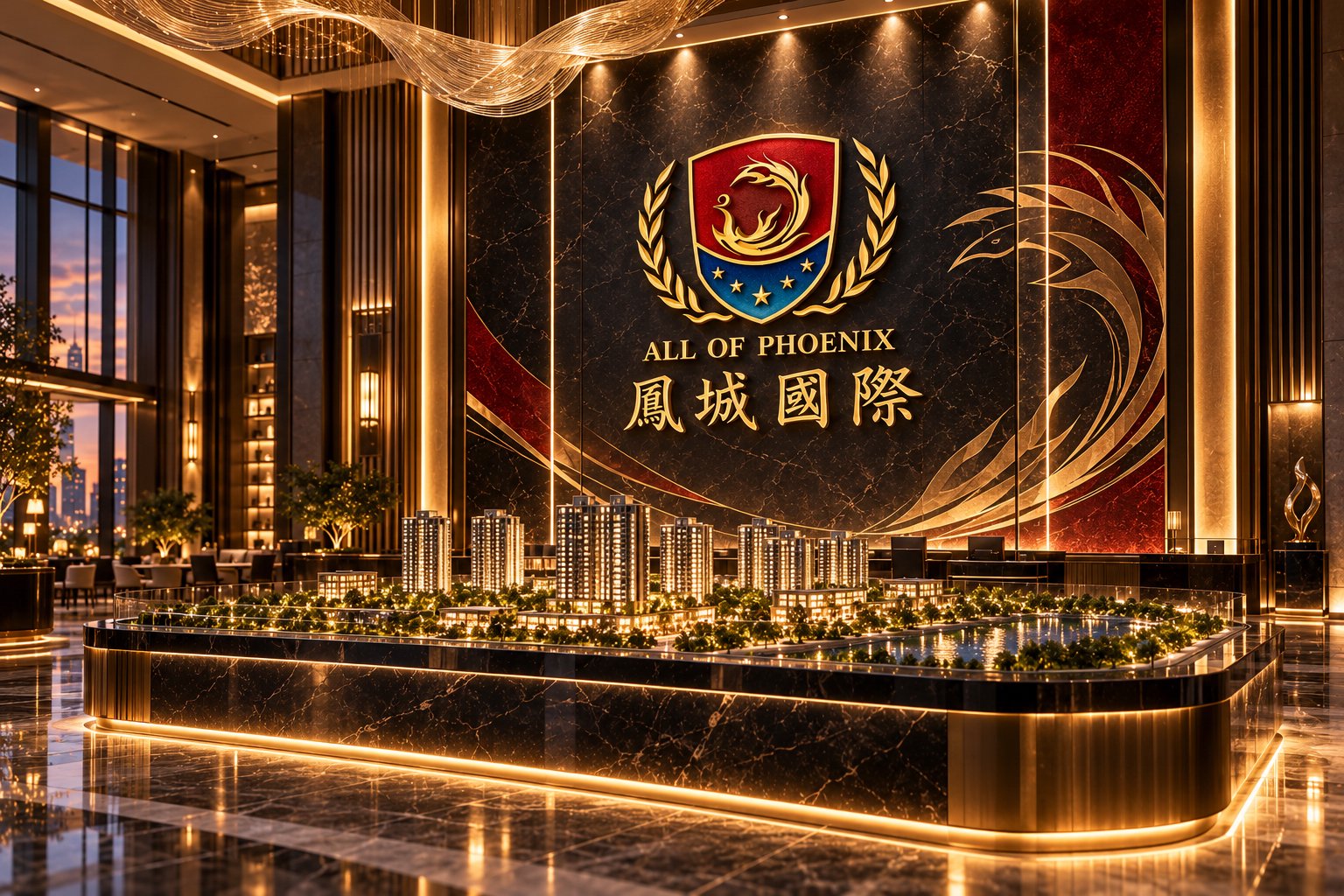 凤城国际售楼处或接待空间形象设计,品牌徽章与中英文标识应用于石材背景墙和接待台