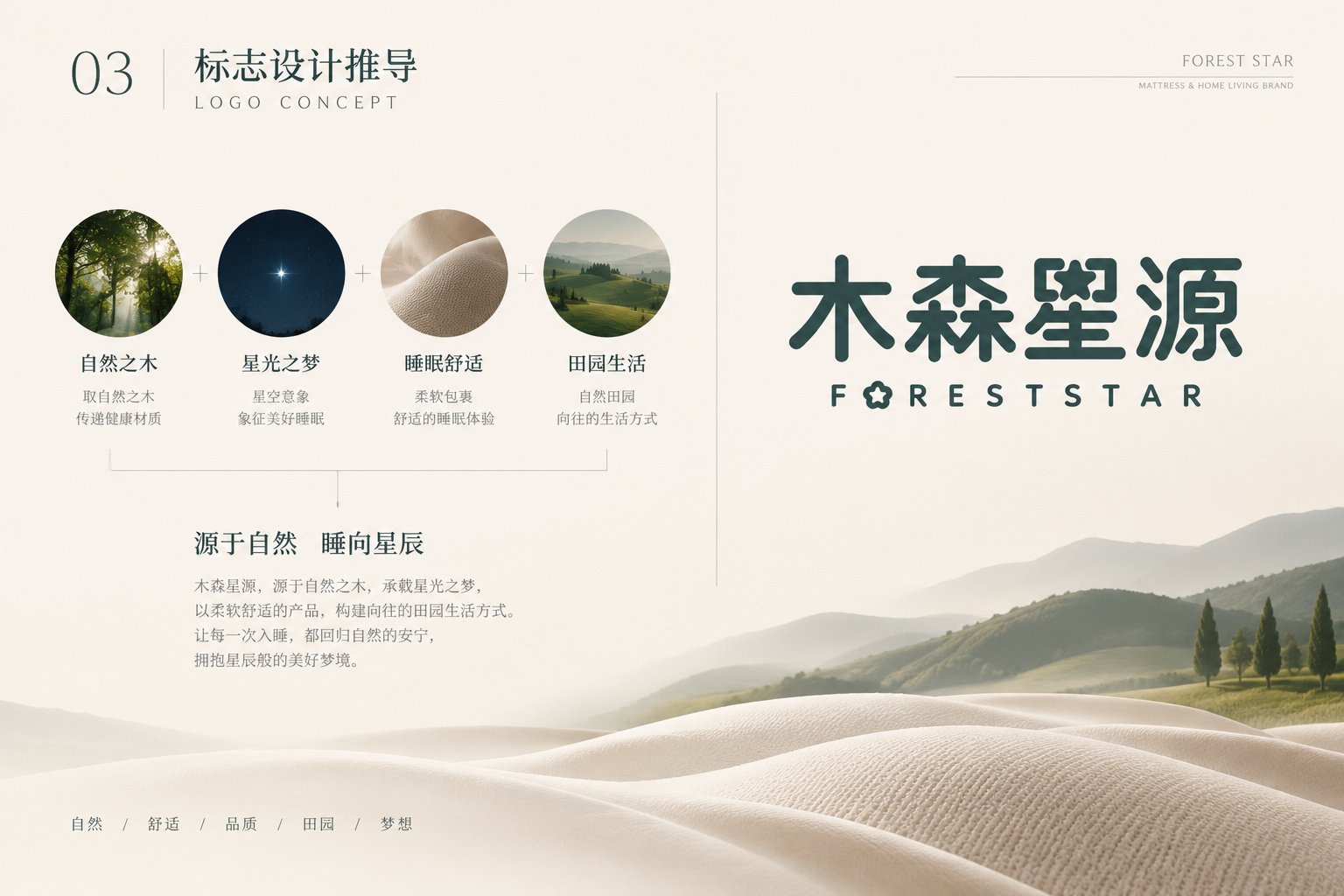 木森星源Logo设计推导,以森林、星光、睡眠舒适与田园生活为概念建立品牌视觉方向