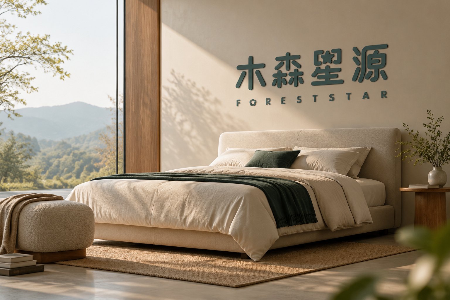 木森星源软床床垫品牌应用效果,卧室场景中的品牌墙面标志与床品视觉呈现