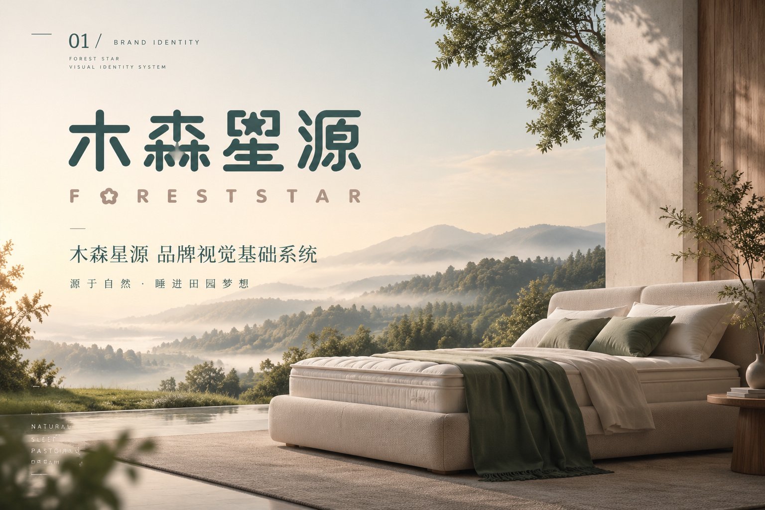 木森星源品牌视觉基础系统展示,以自然山景、软床产品与品牌标志构建整体视觉形象