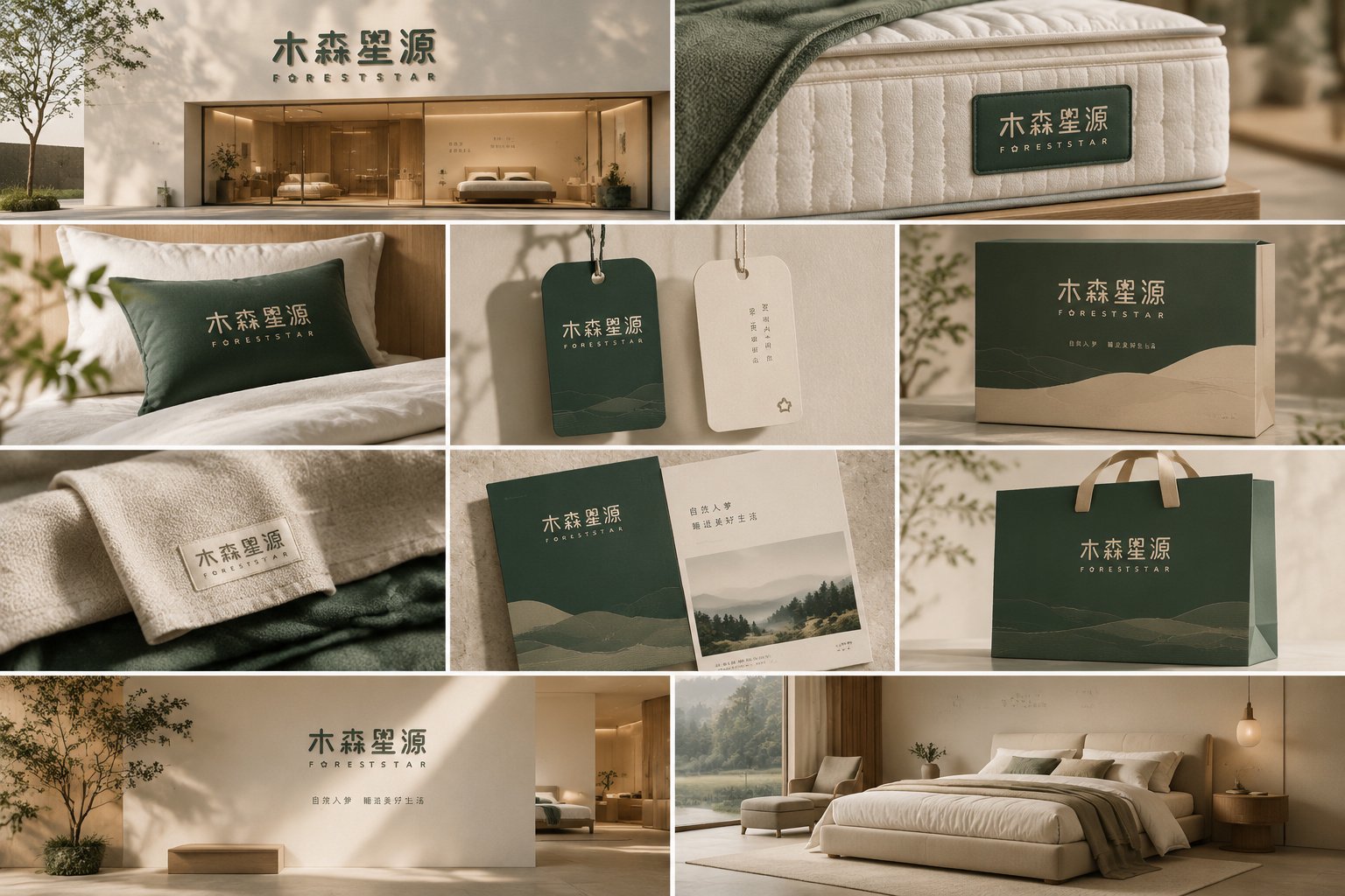 木森星源VI应用设计组合,展示门店形象、床垫标识、包装、吊牌、宣传册与品牌物料