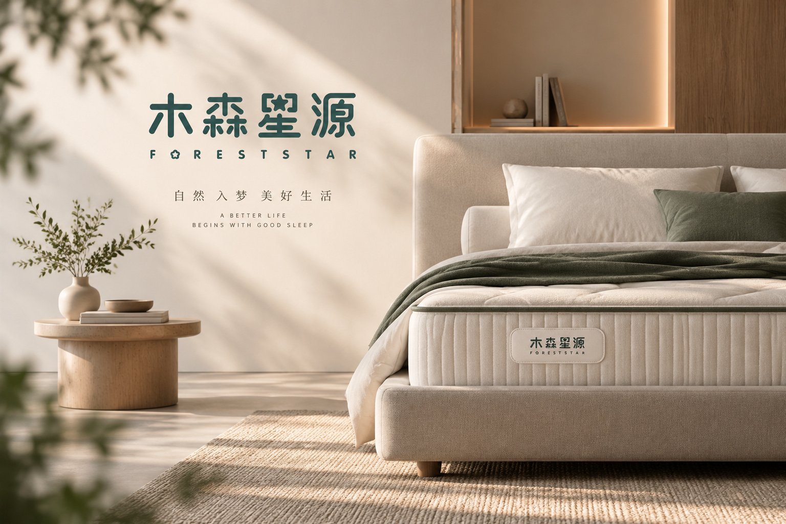 木森星源软床床垫品牌VI设计,卧室空间中的品牌墙面Logo与床垫产品应用展示