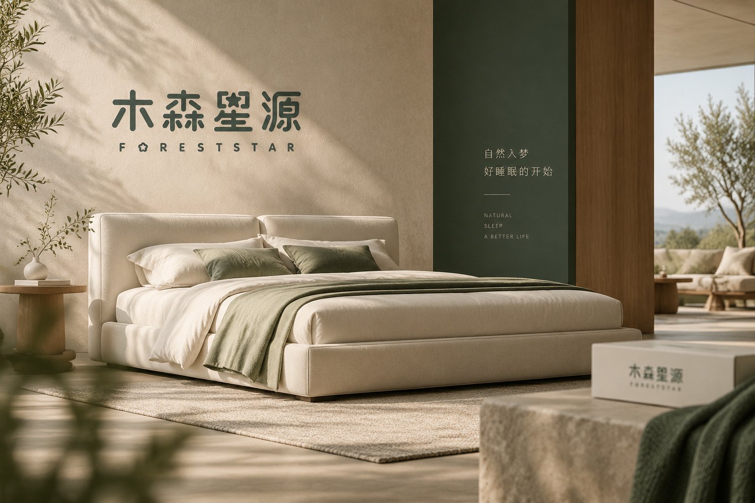 木森星源卧室空间VI应用展示,结合品牌墙面标志、软床产品、自然光影与品质绿视觉元素
