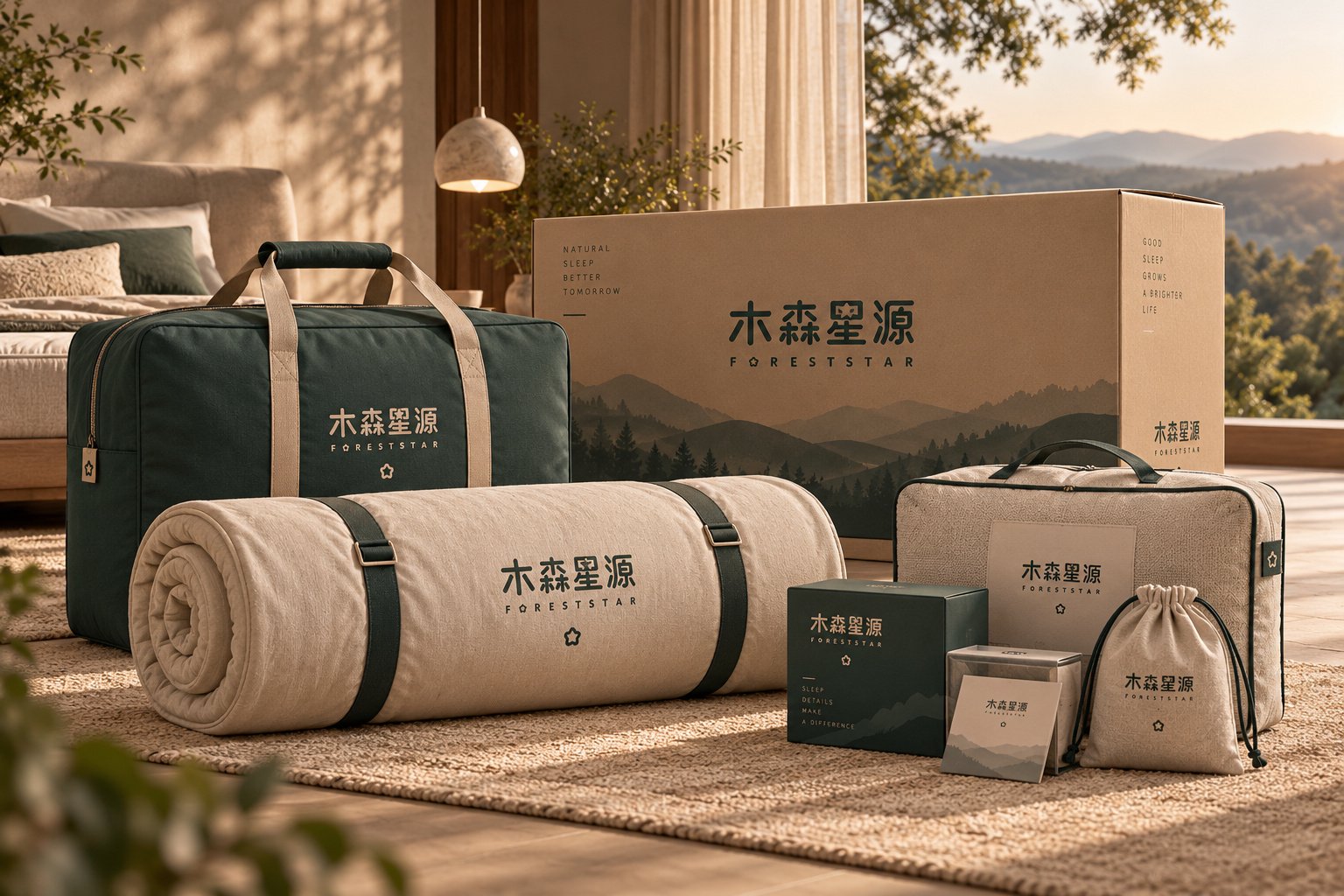 木森星源床品产品与包装延展设计,展示床垫卷装、旅行收纳袋、产品包装箱及品牌配色