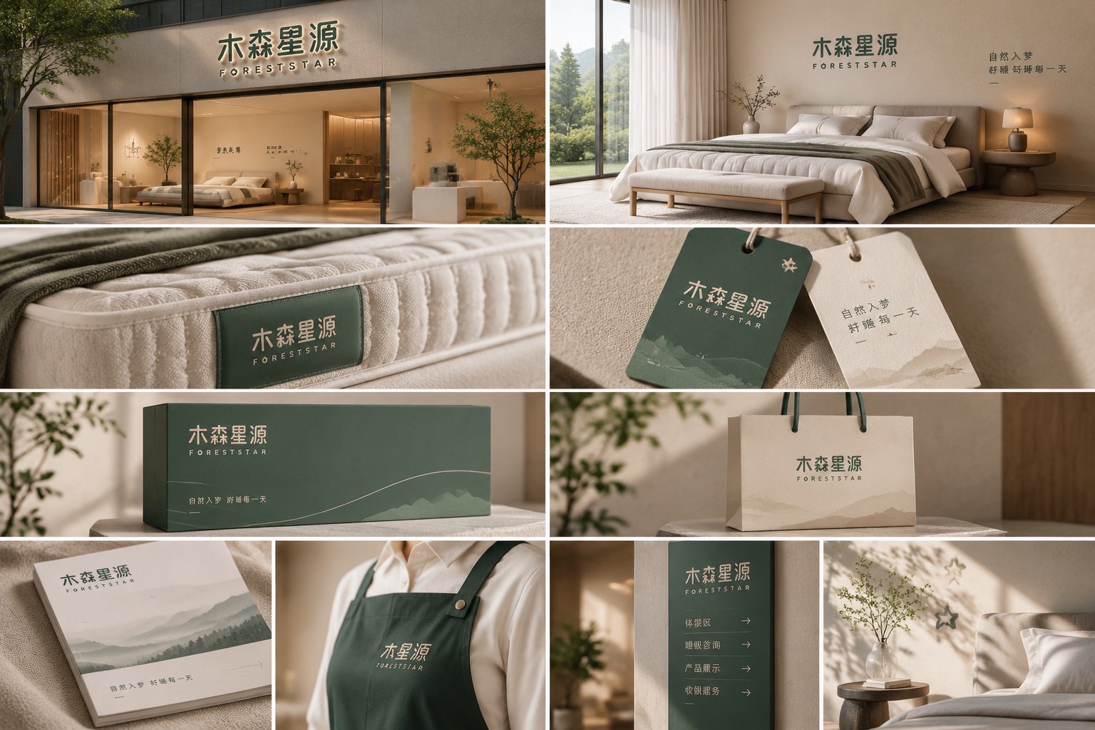 木森星源软床床垫VI应用合集,包含门店、卧室空间、产品标签、包装、吊牌、工作服及导视设计
