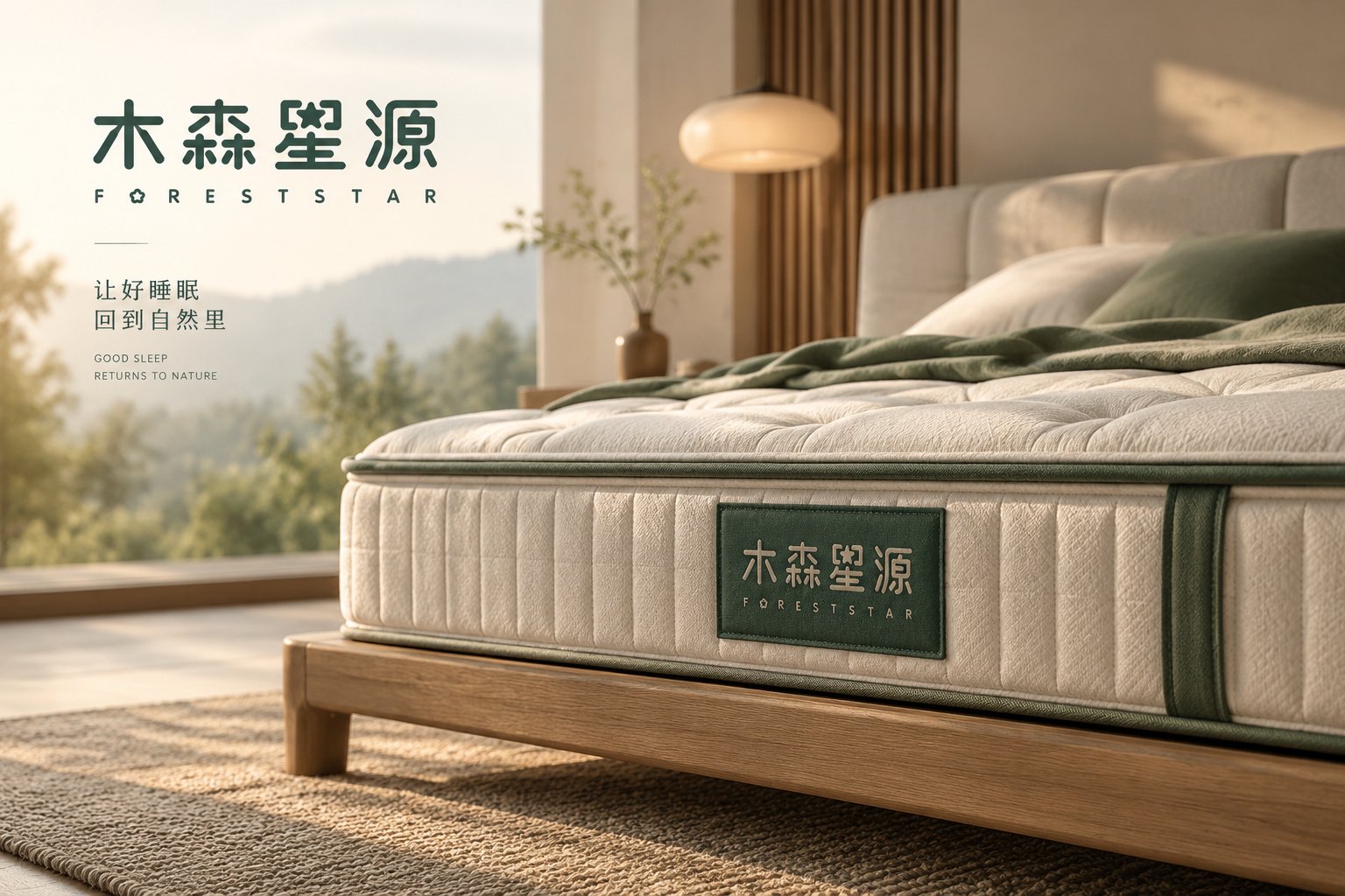 木森星源床垫织唛与产品标识设计,展示品质绿品牌标牌在床垫面料上的应用细节